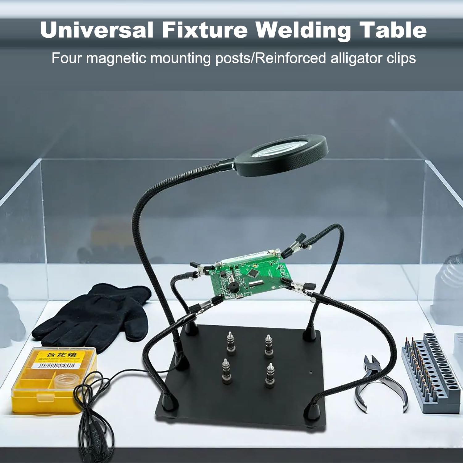 Troisieme Main Soudure, Loupe Soudure, Troisieme Main avec Lampe Loupe 5X, 4 Bras d'Aide à la Soudure, 4 Colonnes Pcb, Bras Aimantés Flexibles pour Soudure DIY Bijoutiers