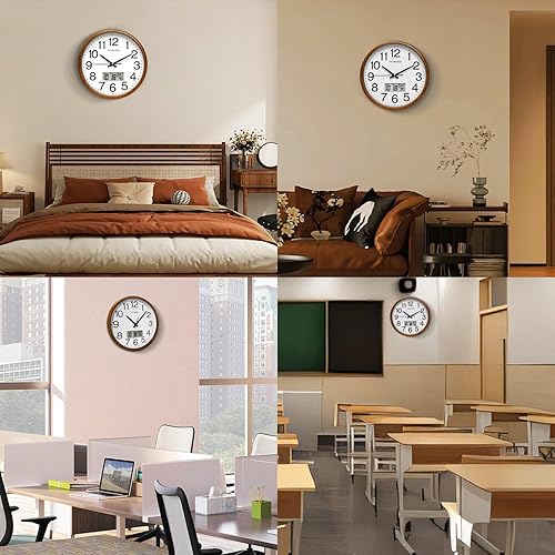 Miniatura 6 de Reloj de pared, acabado de estilo clásico de madera, analógico de cuarzo silencioso de 11 pulgadas sin tictac, funciona con pilas, con calendario