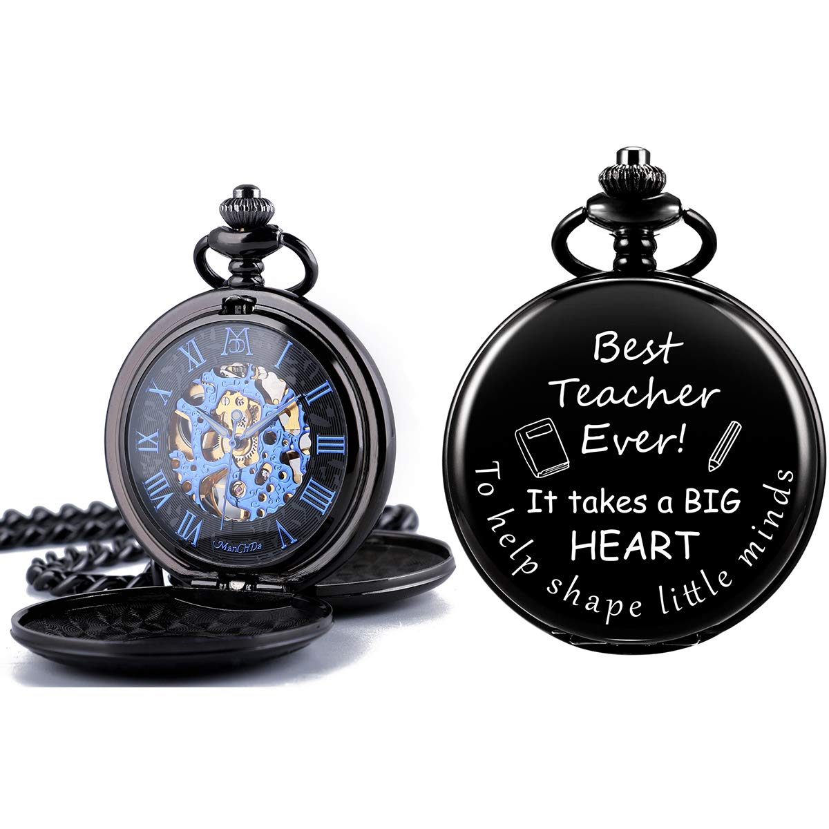 Mechanical Double Cover Roman Numerals Dial Skeleton Engraved Pocket Watches with Box and Chain Personalized Custom Engraving