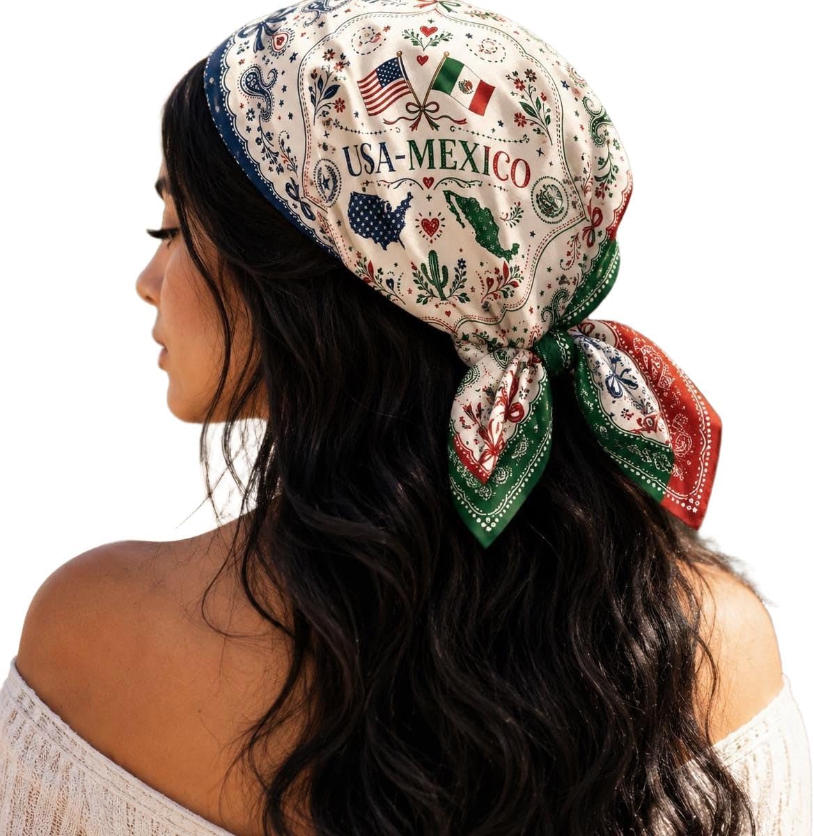 USA Mexico Satin Hair Scarf for Women, Mexican American Bandana Square Head Wrap, Neck Scarf for Hair or Bag, Fiesta Outfit