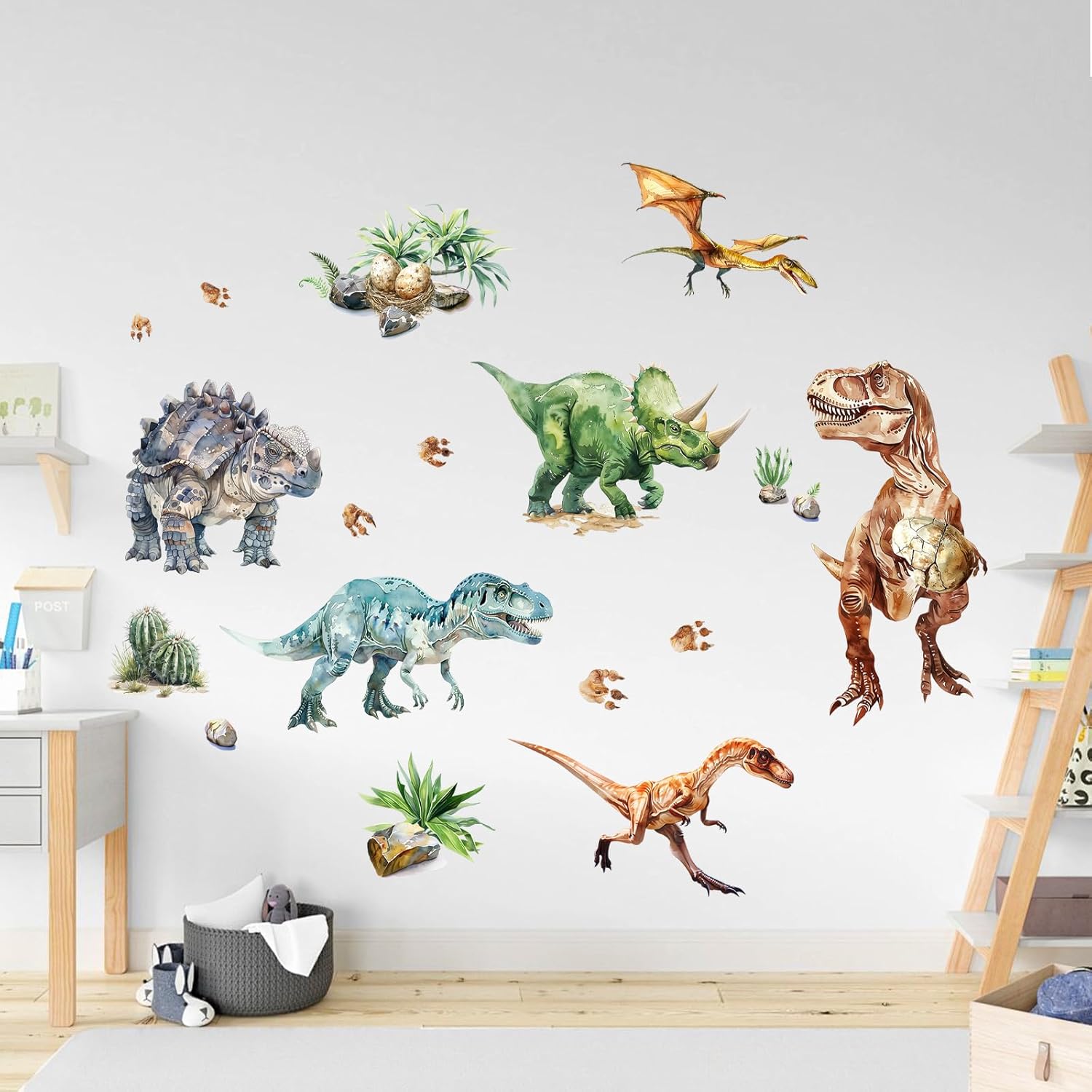 Supzone Dinosaur Wall Decals, Large Dino Wall Stickers Volcano Tropical Plants Cactus Peel and Stick Art Decoration for Boys Girls Kids Classroom Bedroom Toddler Playroom Nursery Room - Image 3