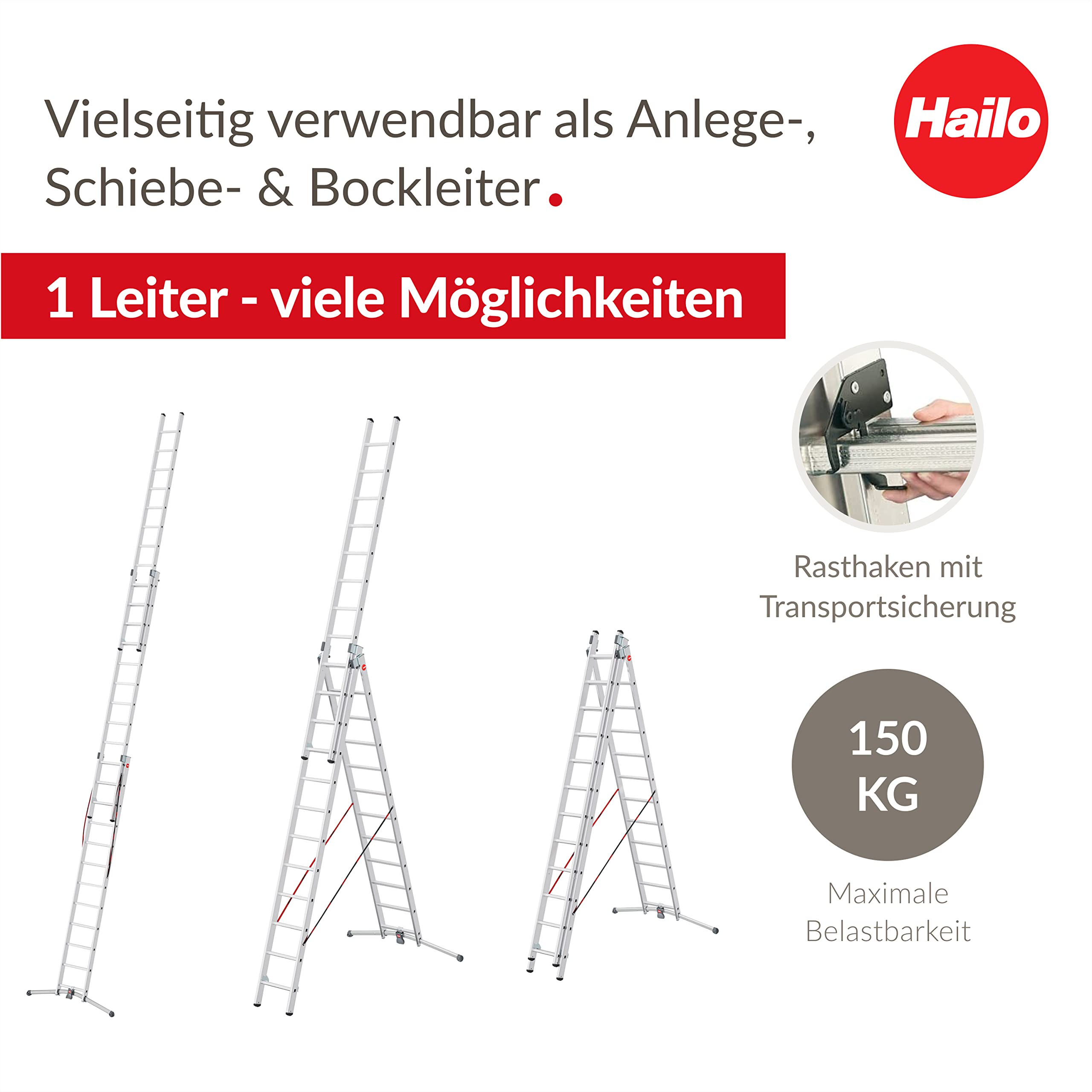 Hailo S98 ProfiLOT 3-teilige Alu-Kombileiter mit Lot-System - gleicht Unebenheiten aus - 3 x 12 profilierte Sprossen belastbar bis 150 kg - Leiter rostfrei - Silber