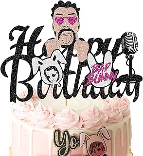 Glitter Birthday Bunny Cake Topper for Bad Bunny Music Star Roguish Knavish Rabbit DJ Disco Themed Birthday Party Cake Decoration Happy Bday Baby Shower Celebration Party Supplies