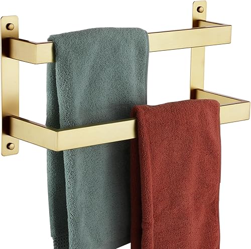 KOKOSIRI Toalleros de baño de 16 pulgadas con escalera de 2 niveles de oro cepillado, toalleros montados en la pared, estantes de acero inoxidable,