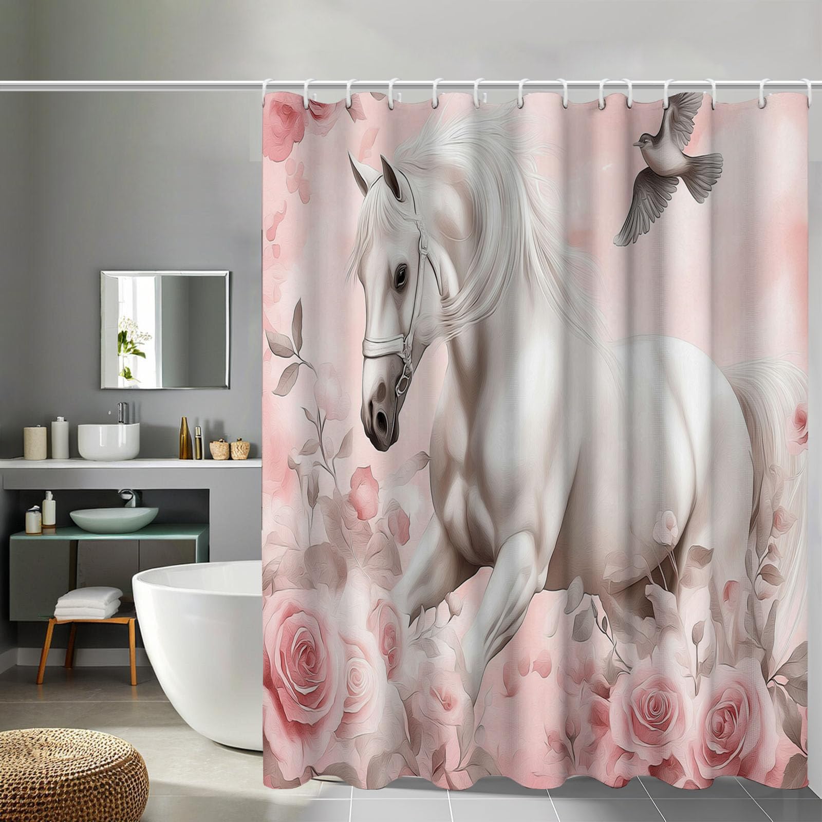 Rideau douche rose cheval lavable pour stopper les éclaboussures et protéger votre salle de bain