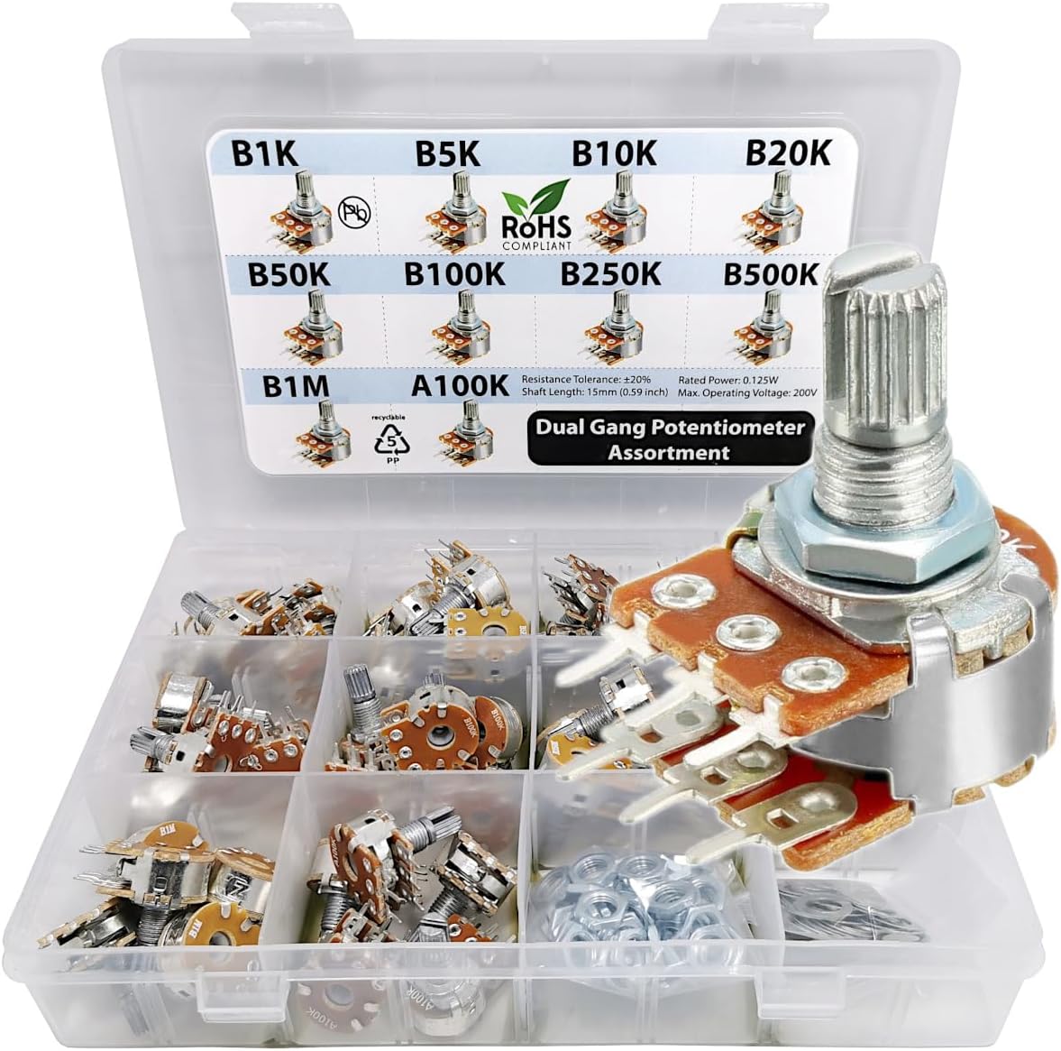 50 pcs Dual Gang Stereo 6-pin Potentiometer Assortment 1k 5k 10k 20k 50k 100k 250k 500k 1M A100k