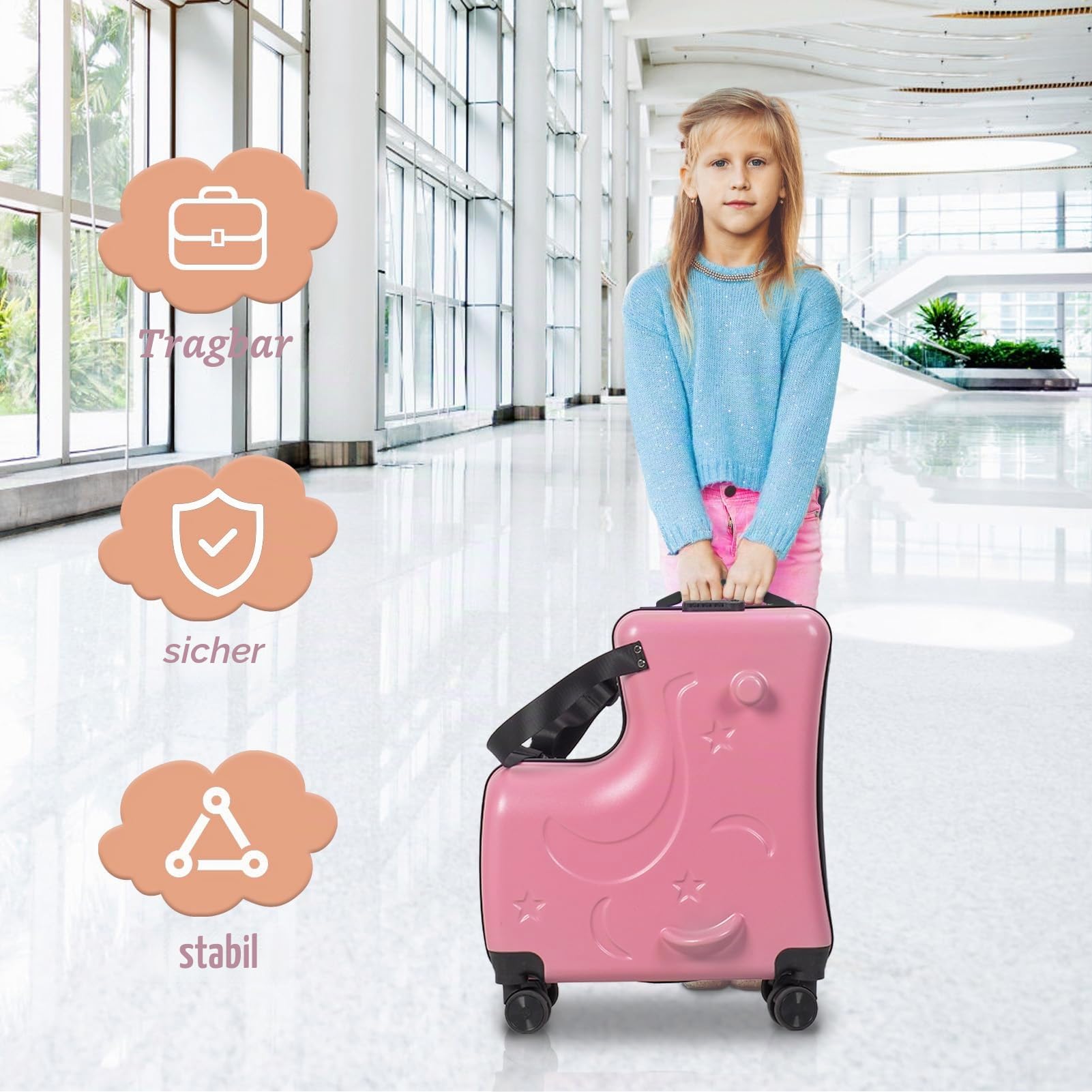 Rolling Kid Trolley mit Sitz, Rosa, Klassisch | Rollen und Gürtel, 4 Lenkrollen, Großes Fassungsvermögen, Für Flugzeug/Zug, Langlebiges Handgepäck