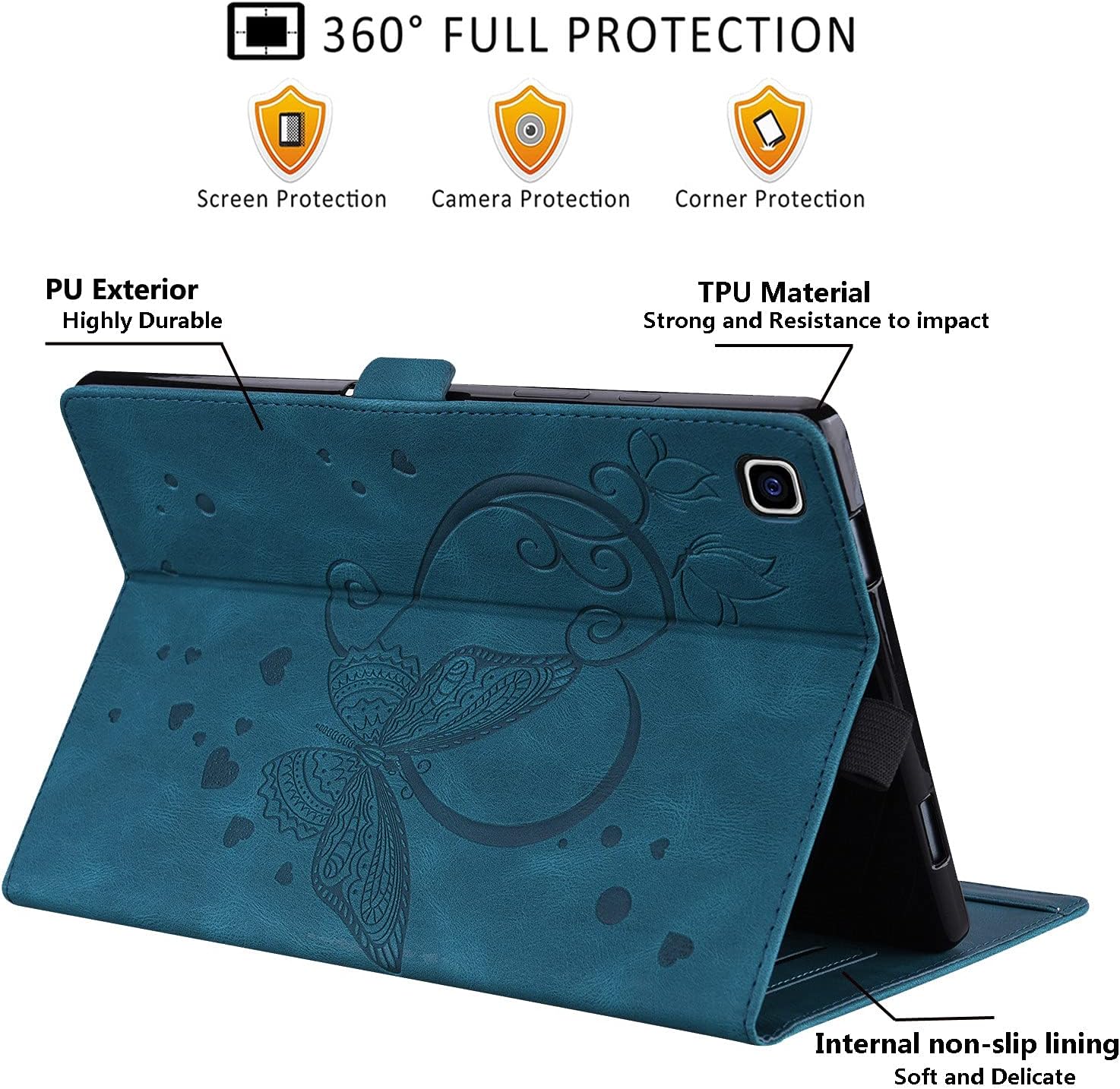 Cover for Fire HD 8 Tablet Previous Generation (6th/7th/8th Generation, 2016/2017/2018 Releases), UGOcase Synthetic Leather Auto Sleep Wake Corner Protection Shell Cover, Embossed Butterfly Dark Blue