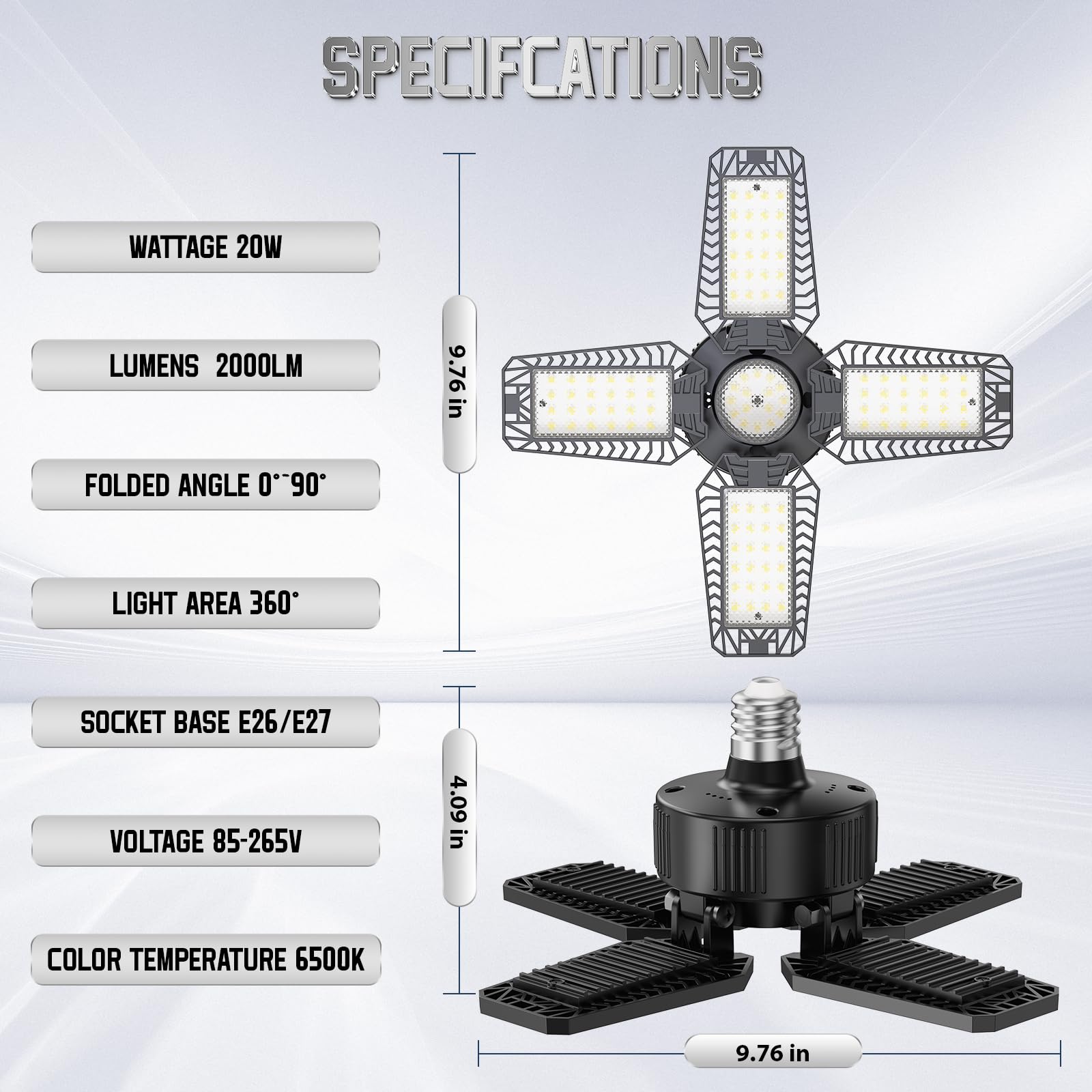 Luz de Garaje LED 6 Piezas 20W - 2000LM Luces Taller LED Garaje Techo con 4+1 Paneles Orientables 6500K E27/E26 para Industrial/Sótano (Equivalente a 120W)