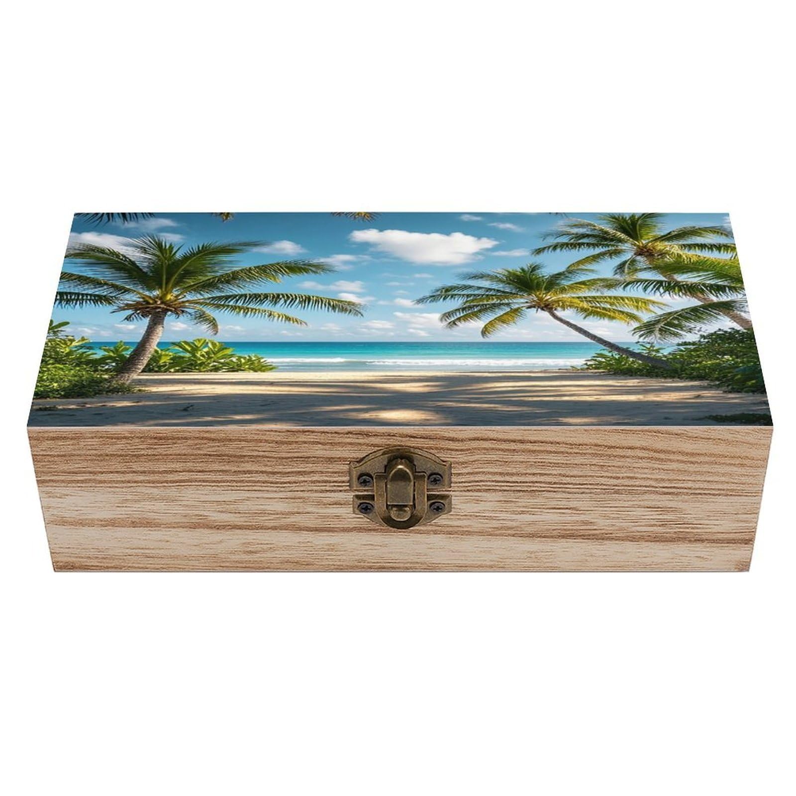 FekiLoot Green Palm Trees Ocean Wooden Box with Hinged Lid Vintage Storage Box Beautifully Keepsake Boxes Jewellery Organiser & Trinket Holder Unique Gift Ideas for Men & Women