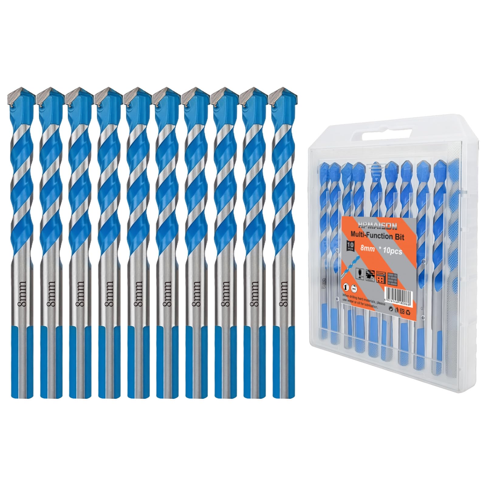 HPMAISON Concrete & Masonry Drill Bit Set, 10Pcs Multi-Function Bit, 8mm Industrial Strength Carbide Tip Drill Bit