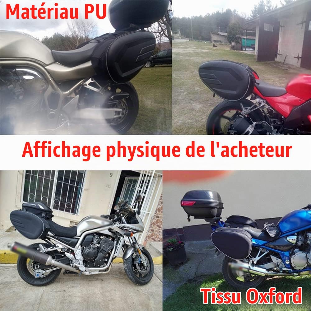 Shkalacar Sac Latéral de Moto Noir 34L - Casque et Outils en Simili Cuir Étanche 1680D - 2 Pièces
