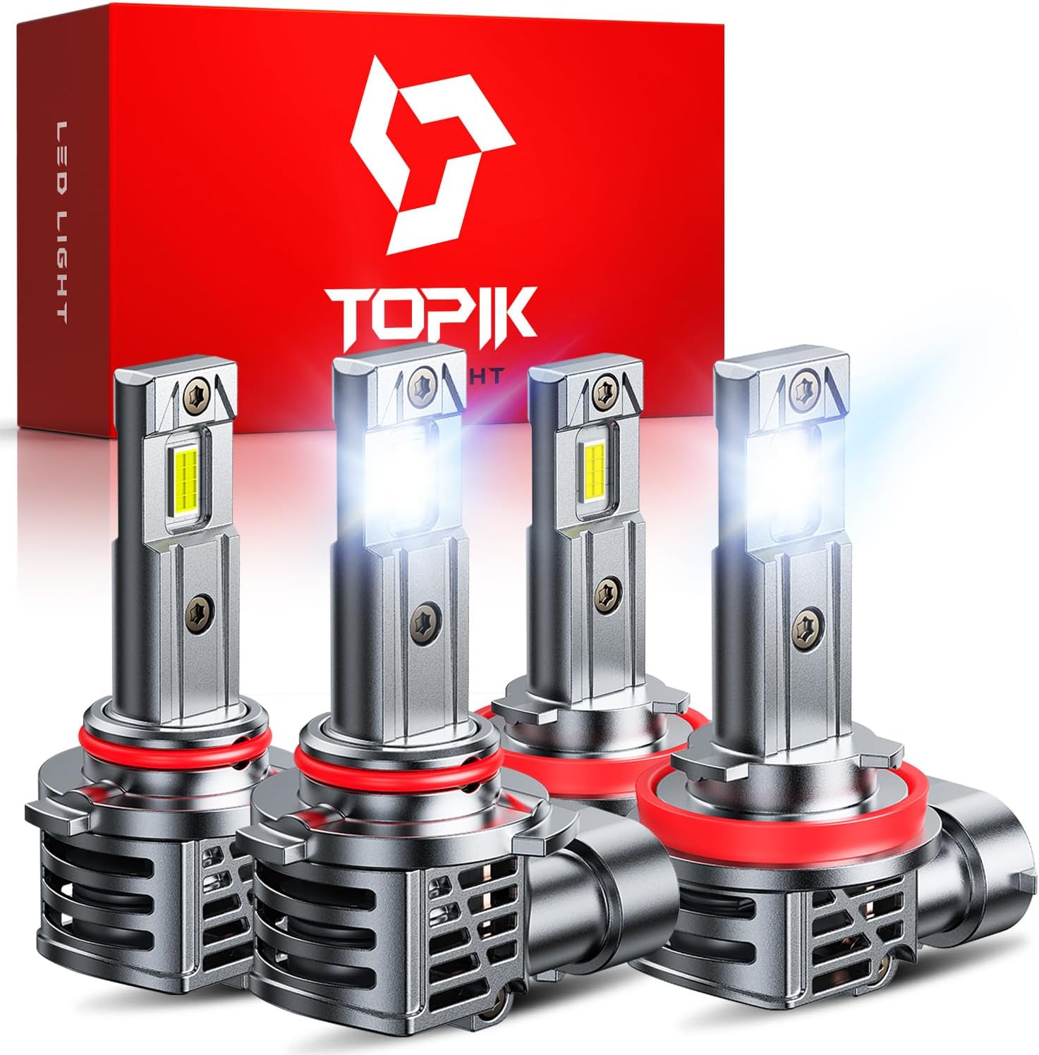 TOPIK H11 9005 LED Light Bulbs Combo, 800% Brighter 80000LM 6500K, H8/H9 HB3 Light Bulbs, 1:1 Halogen Size Direct Replacement Fog Lamps, No Flicker, 99% Canbus Ready, Pack of 4