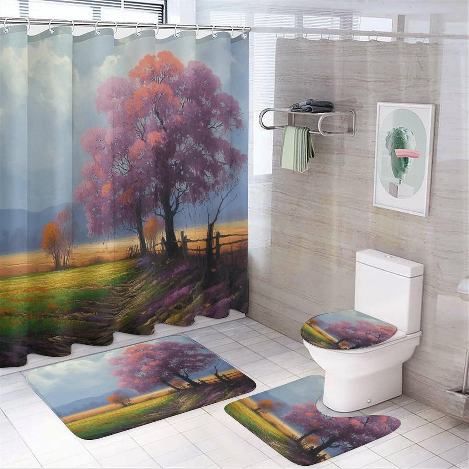 Tapis et rideau de douche paysage pour rénover une salle de bain froide