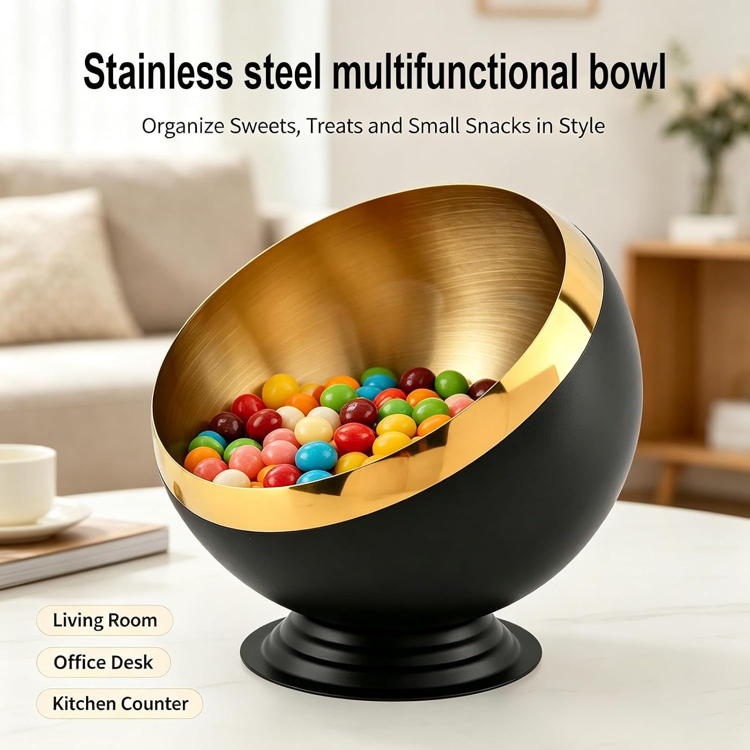 Coffee Pod Holder Bowl, Stainless Steel K Cup Espresso Capsule Storage Organizer, Multi-Purpose Countertop Snack Fruit Candy Bowl, Black Gold