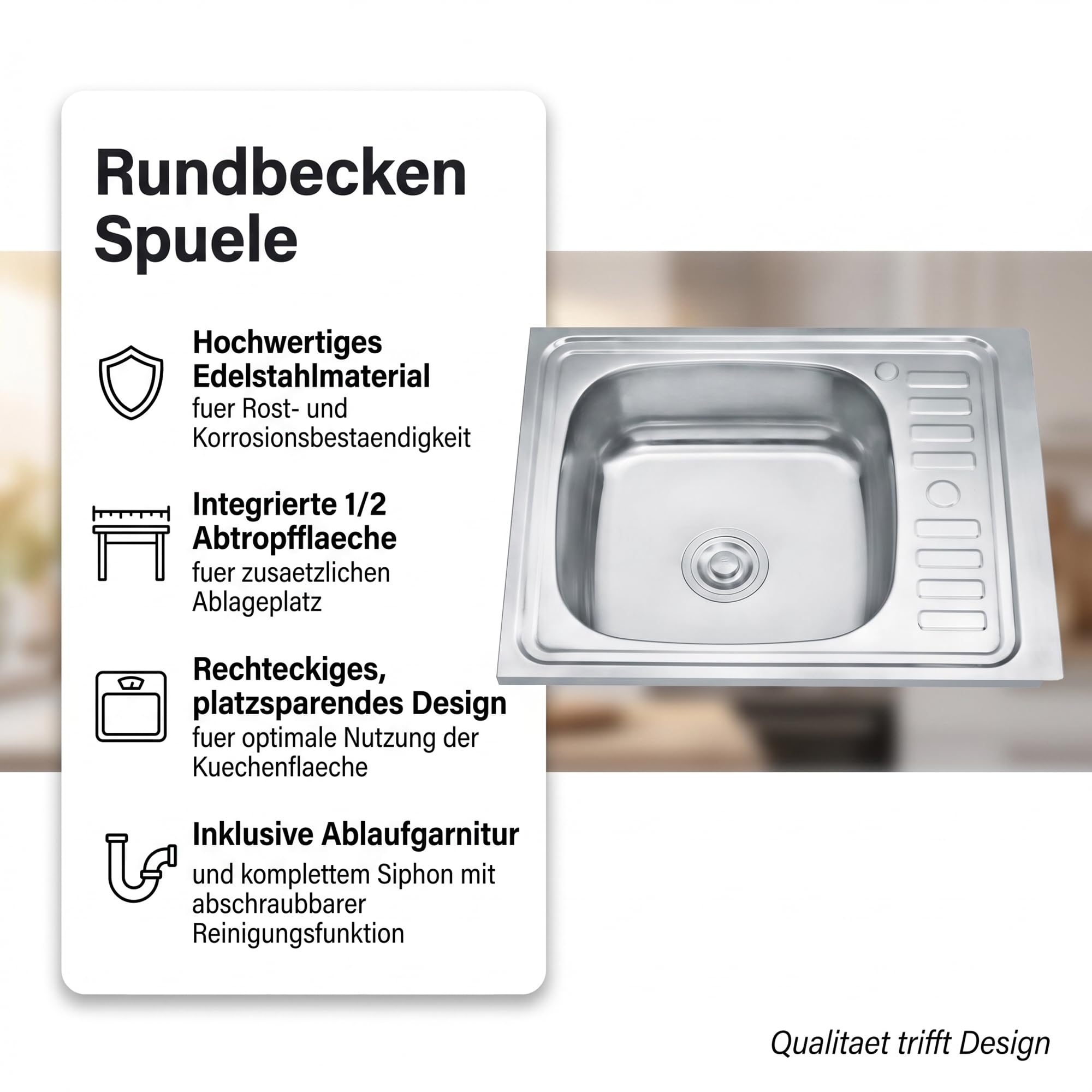 Mucola Edelstahl Küchenspüle 60x50 cm mit Abtropffläche rechts – Einbauspüle mit Rundbecken – Spülbecken Edelstahl satiniert inkl. Ablauf & Siphon