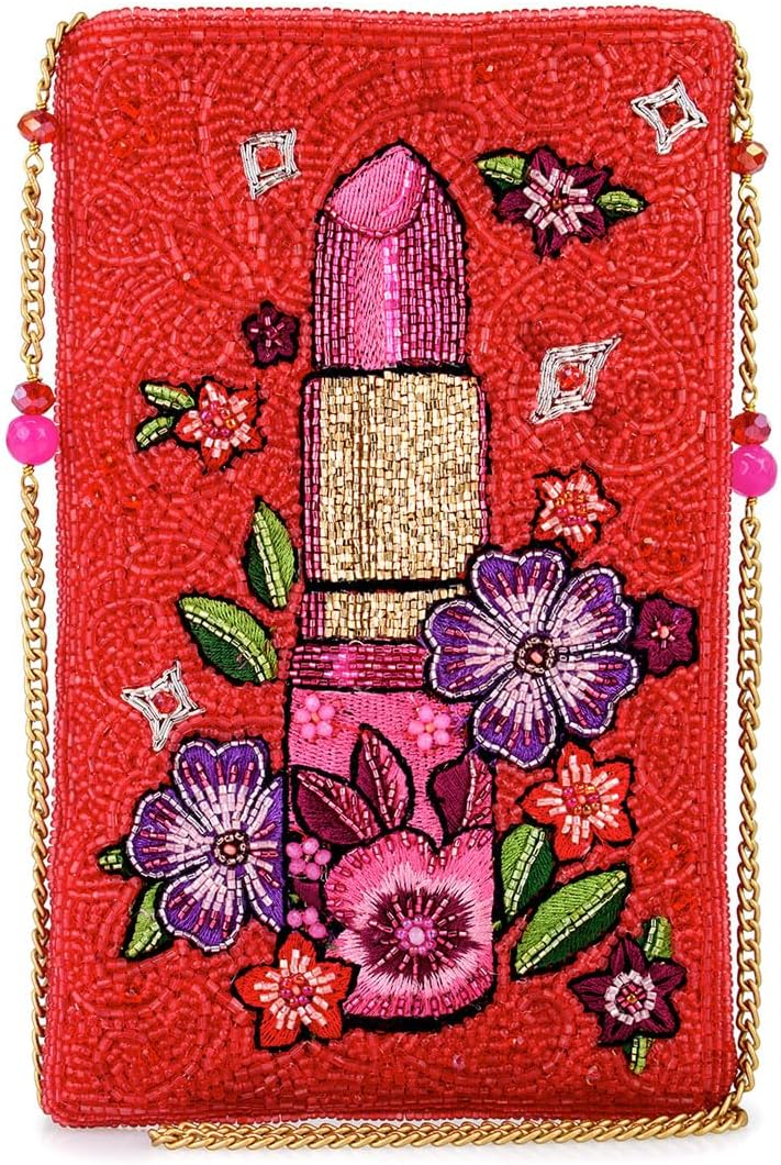 Mary Frances Glamour Girl Beaded Lipstick and Floral Crossbody Cell Phone Bag Clutch with Removable Chain Strap, Pink