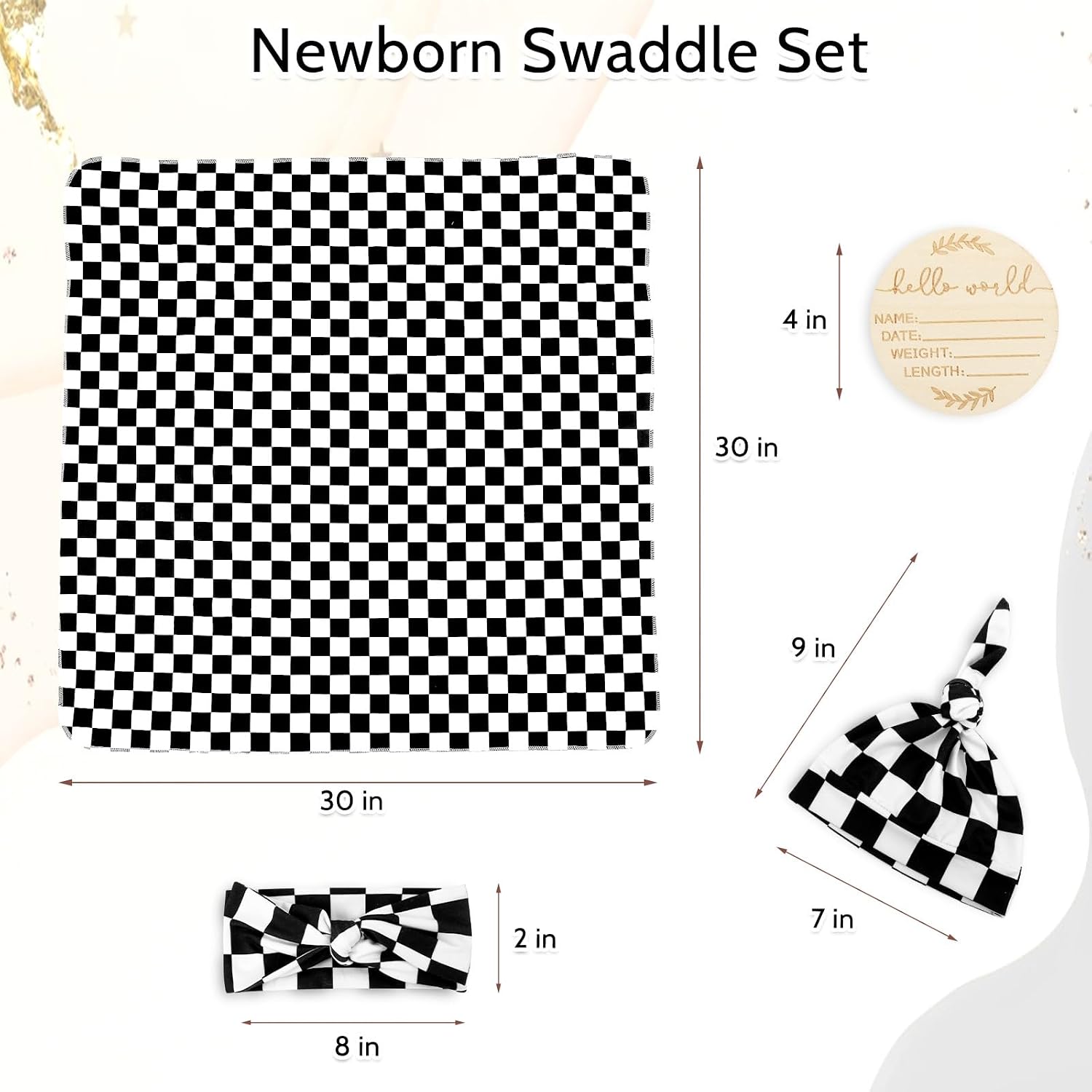 TANOFAR 4-Pack Newborn Swaddle Blanket for Baby Girls & Boys, Ultra Soft Receiving Blankets with Matching Headband and Beanie Set Baby Nursery Swaddle Wrap, Black Checkerboard