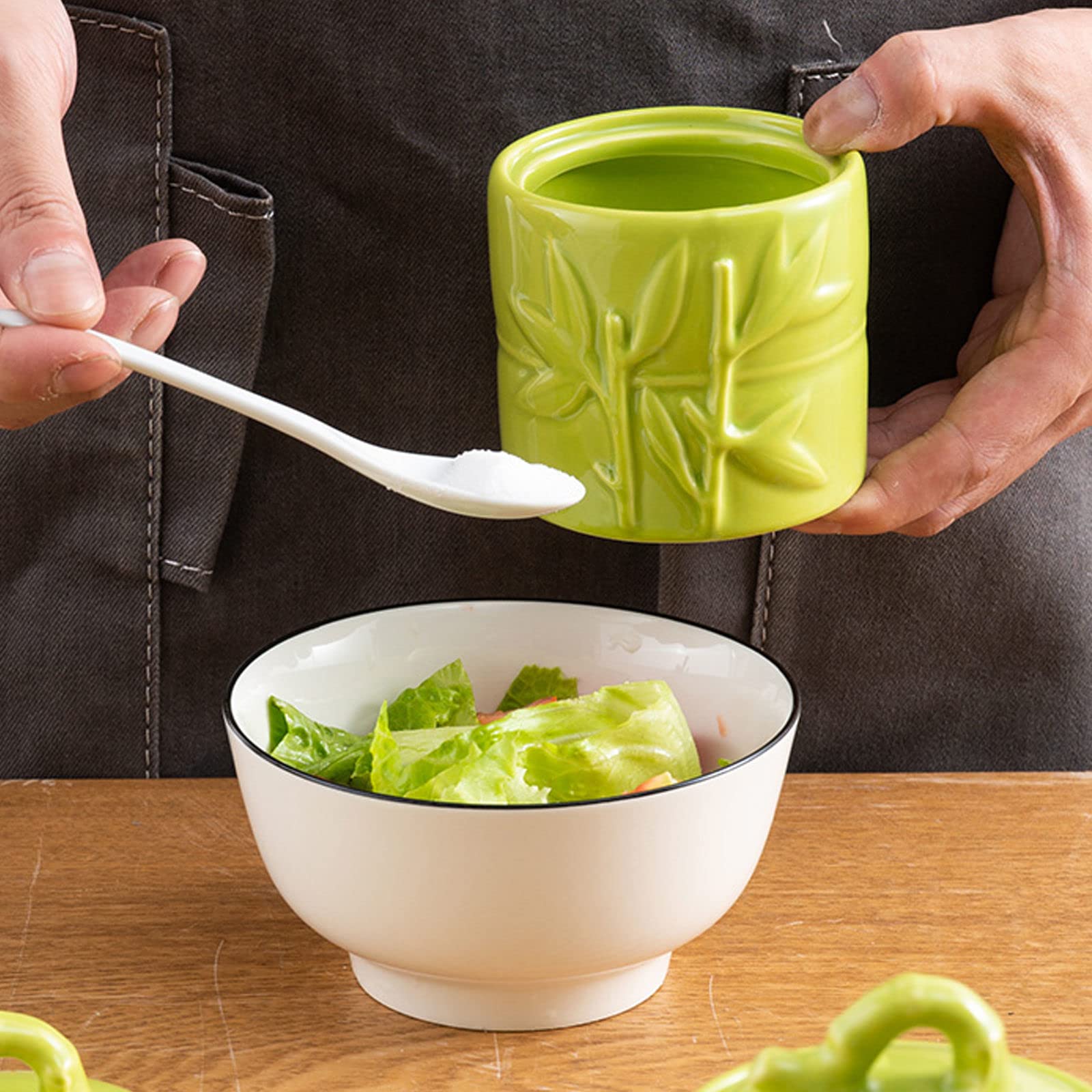 Sucrier, Boîte À Assaisonnement, Sucrier Chinois avec Couvercle, Pot De Rangement en Feuilles De Bambou en Relief, Pot À Sel en Porcelaine Verte 200 ML/7 Oz, pour C,Green-1