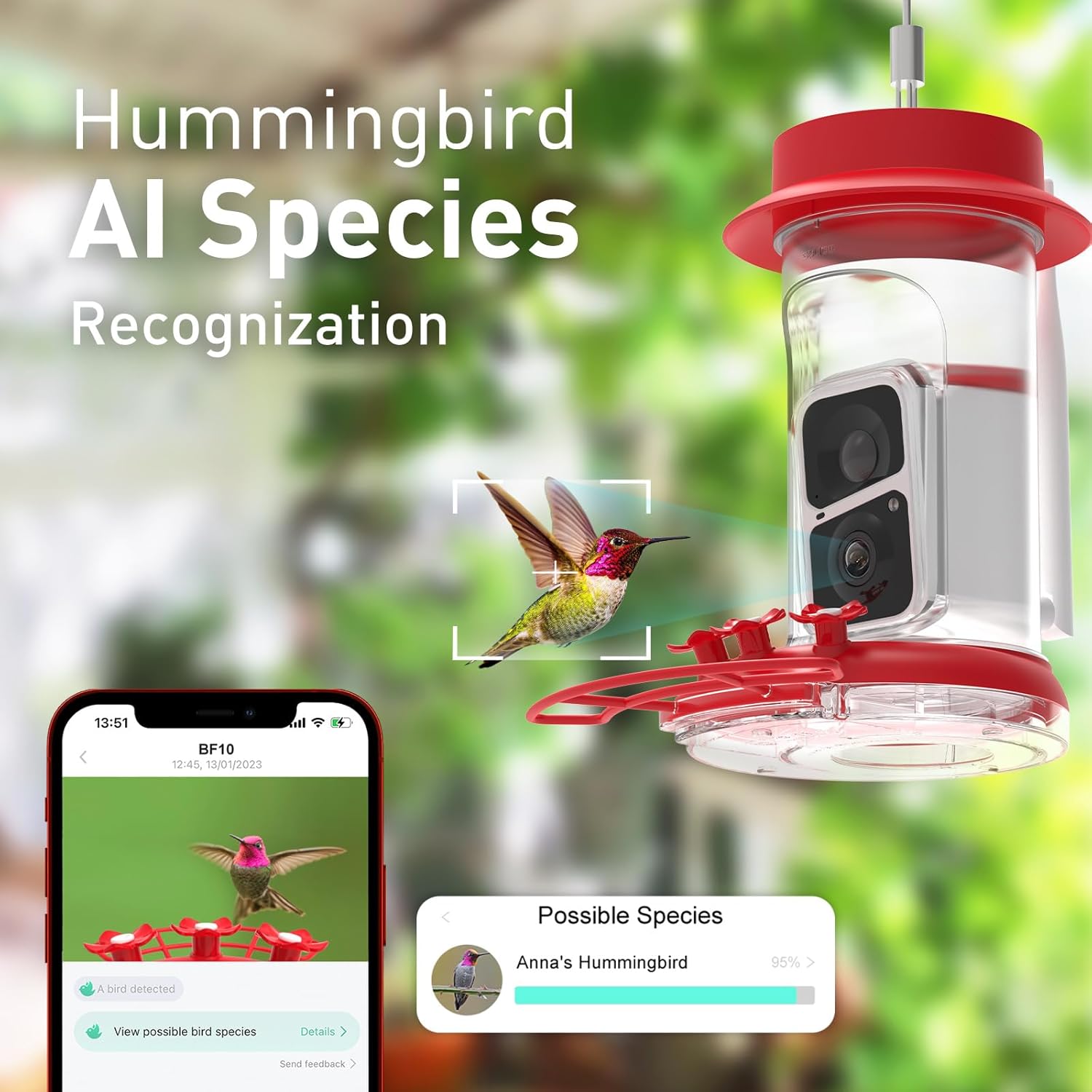 Soliom Hummingbird Feeder with Camera, Smart Bird Feeder Camera with 2K Live View AI Identify Species, Leak Proof & Ant Moat & Bee Proof, Outdoor Pole/Hook Hanging, 16 OZ Ideal Gifts for Family-Red - Image 3