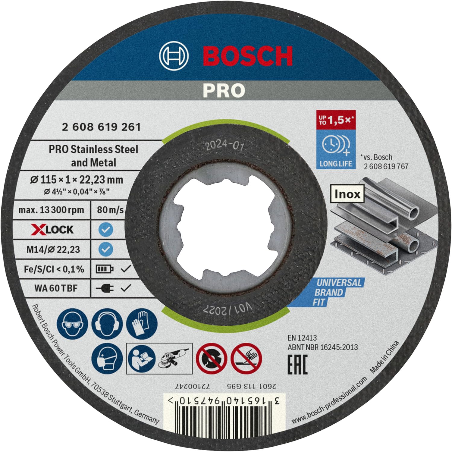 Bosch Professional 2608619266 Pack of 10 Straight Cutting Disc Standard (for INOX, X-Lock, Diameter 115 mm, Bore Diameter 22.23 mm, Thickness 1 mm)