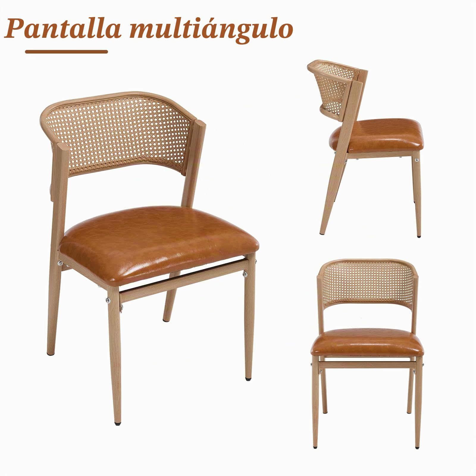 chairus 2PCS Sillas de Comedor de Madera con Respaldo de Ratán, Marrón | Asiento de Cuero PU, Sin Brazo, Estilo Moderno, Para Restaurante