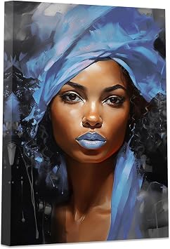 DOARTDO African American Canvas Wall Art Black Women Blue Hair Scarf Pictures Abstract Wall Paintings Black Girl Art Print Framed 12.00" x 18.00", Blue
