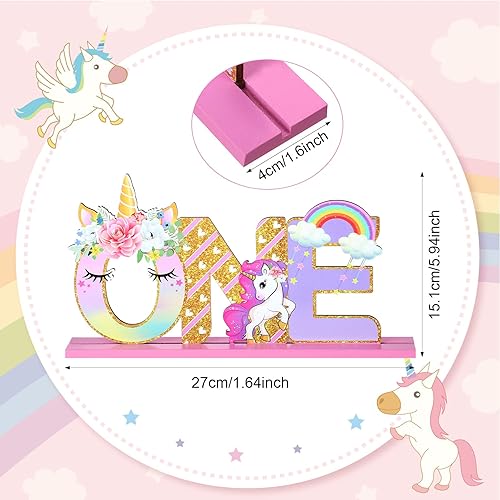 Miniatura 2 de Letrero de unicornio de una letra para el primer cumpleaños, centro de mesa de madera con arco iris, decoración de mesa de cumpleaños, suministros