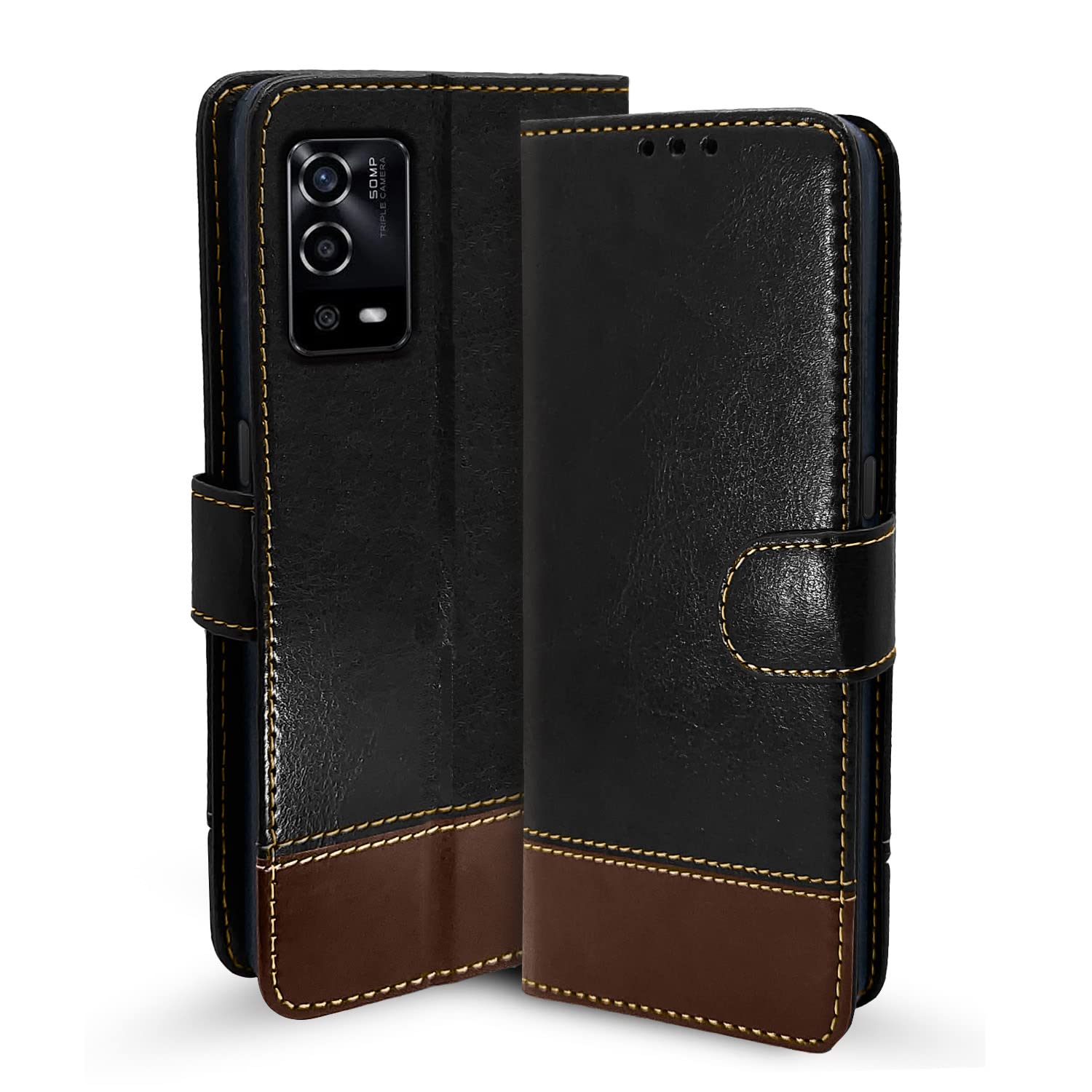 Pikkme Oppo A55 Flip Cover | Dual-Tone PU Leather Finish | Wallet Style & Stand | Magnetic Flip Case (Black & Brown) (B0BMZ6DFV4) Amazon Price History, Amazon Price Tracker