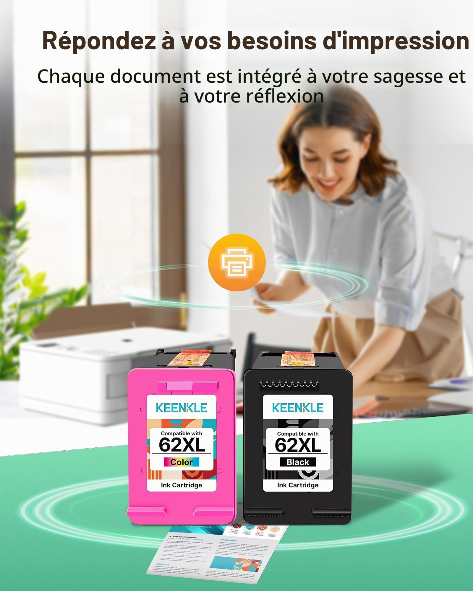 KEENKLE 62XL Cartouche d'encre Remplacement pour Cartouche HP 62 Noir et Couleur 62 XL Compatibles HP Envy 5540 5640 5547 5644 5642 7640 OfficeJet 200 250 5740 5742 (1 Noir,1 Couleur)