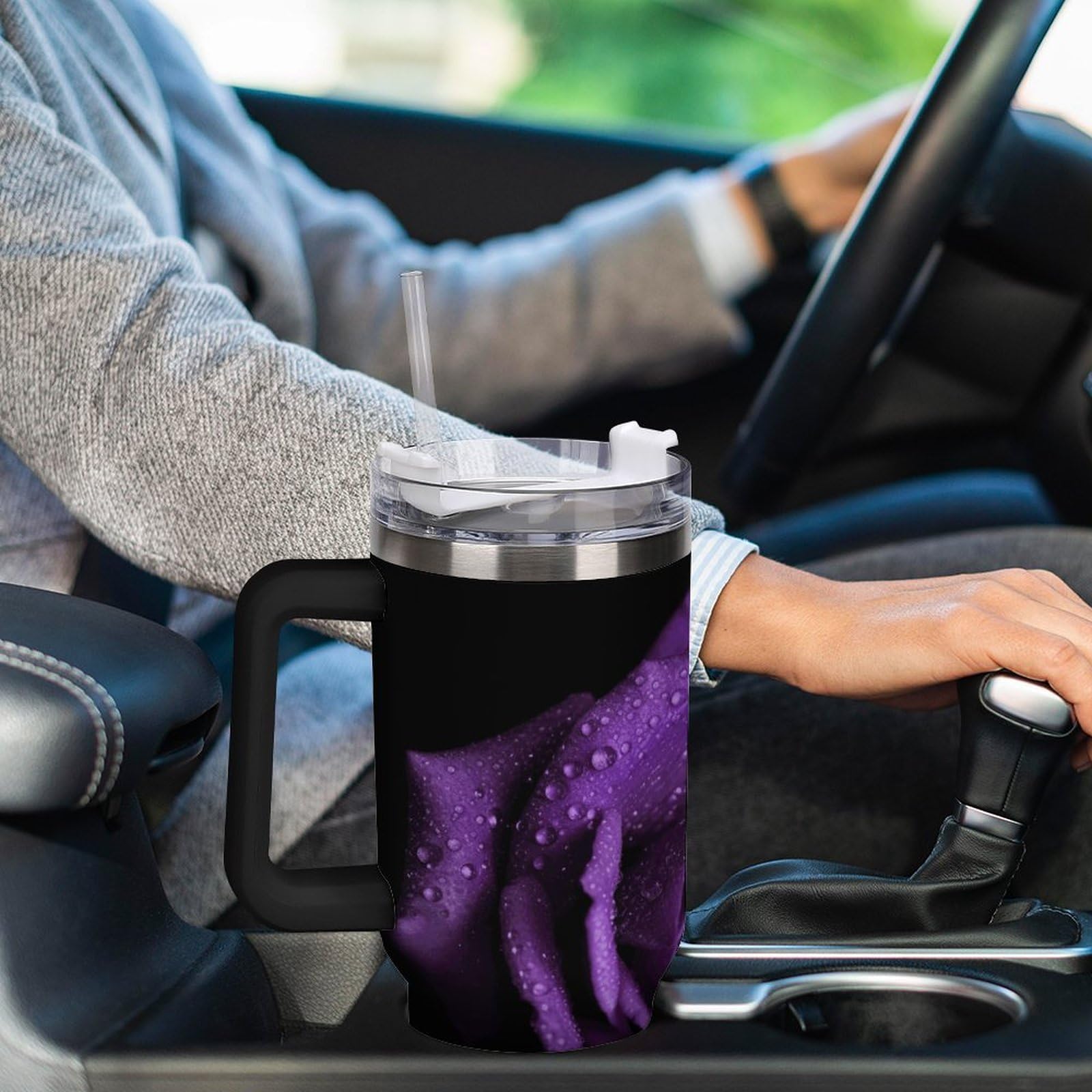 Tazas de rosa morada con popote y asa, taza de café con aislamiento al vacío de doble pared, botellas de agua para café helado, té, bebida caliente y fría