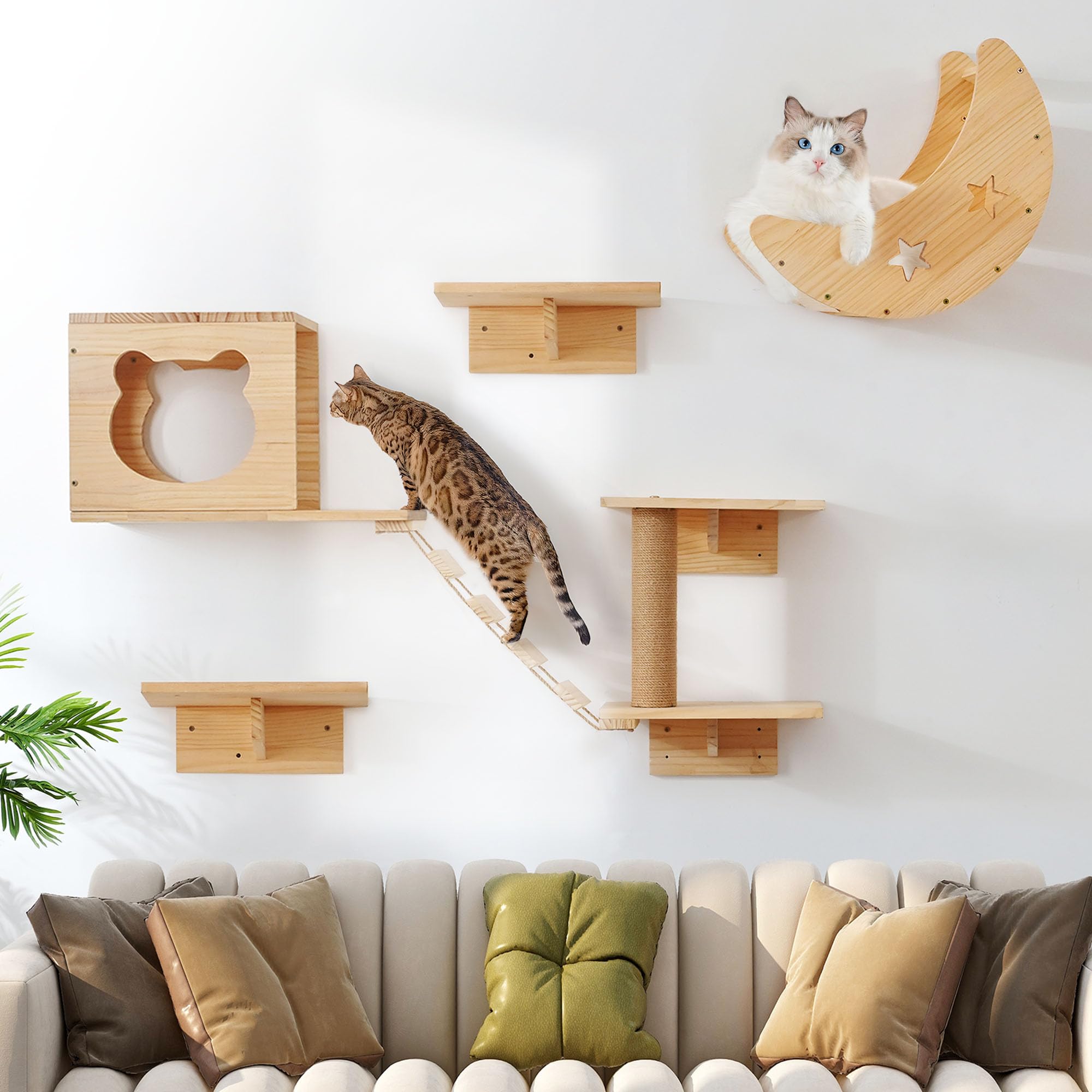 Aoparts Cat Wall Shelves, DIY Wall Mounted Cat Furniture, Natural Pine Wood, Includes 2 Cat Houses, 4 Shelves, 2 Ladders, 1 Scratching Post, Ideal for Large Breeds