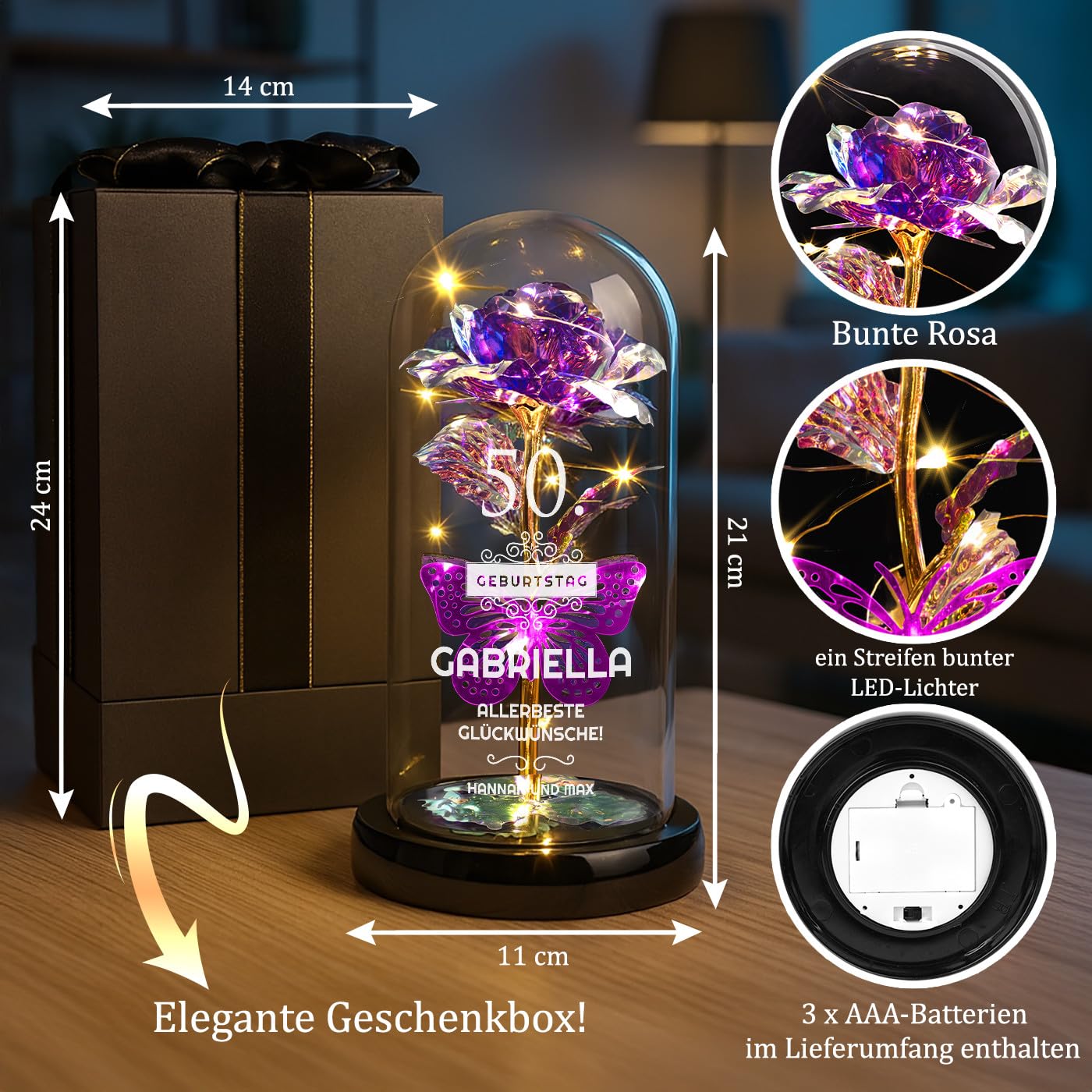 Maverton Infinity Rose mit Gravur personalisiert - Rose im Glas mit Licht - Geschenke für Frauen - Geburtstagsgeschenk für Frauen -personalisierte Geschenke zum Valentinstag zu Weihnachten