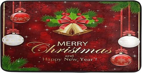 ALAZA Tapete antideslizante de bola de Navidad con copos de nieve, campanas doradas, alfombra de cocina para entrada, pasillo, baño, sala de estar,