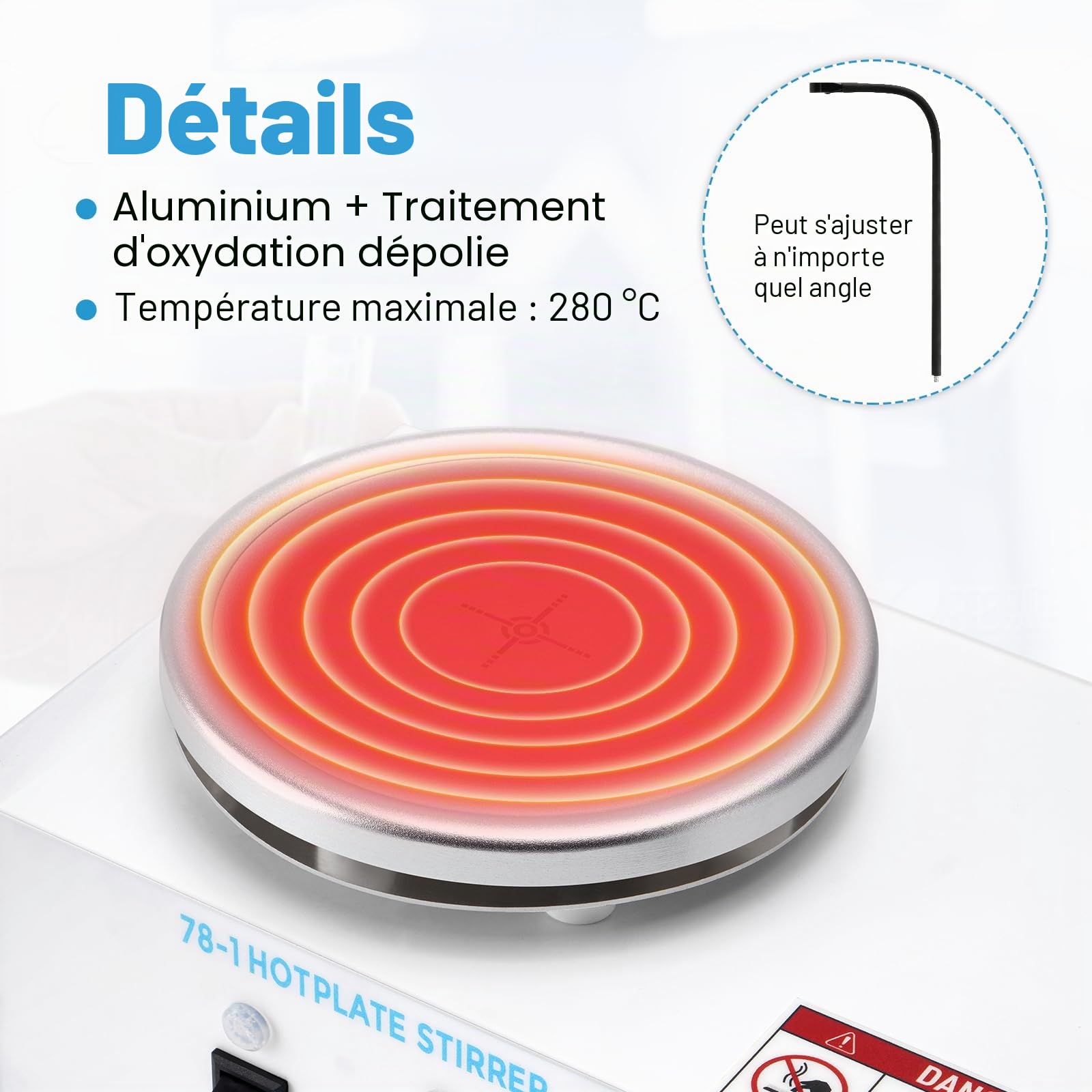 Agitateur magnétique 2 l avec plaque chauffante, 100-2600 tr/min 280 °C 120 mm avec capteur PT1000, support flexible, mélangeur magnétique