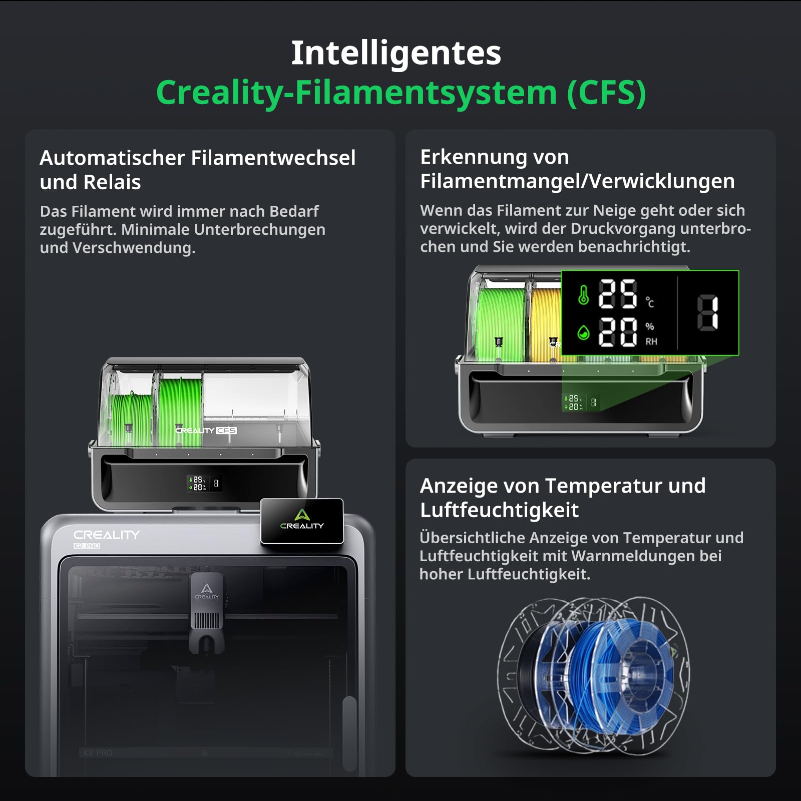 Creality K2 Pro Combo (A) 3D-Drucker, Multicolor-3D-Drucker mit CFS, 600 mm/s Hochgeschwindigkeitsdruck, Dual-AI-Kamera, vollständig montiert & automatische Nivellierung, 300×300×300mm Druckvolumen