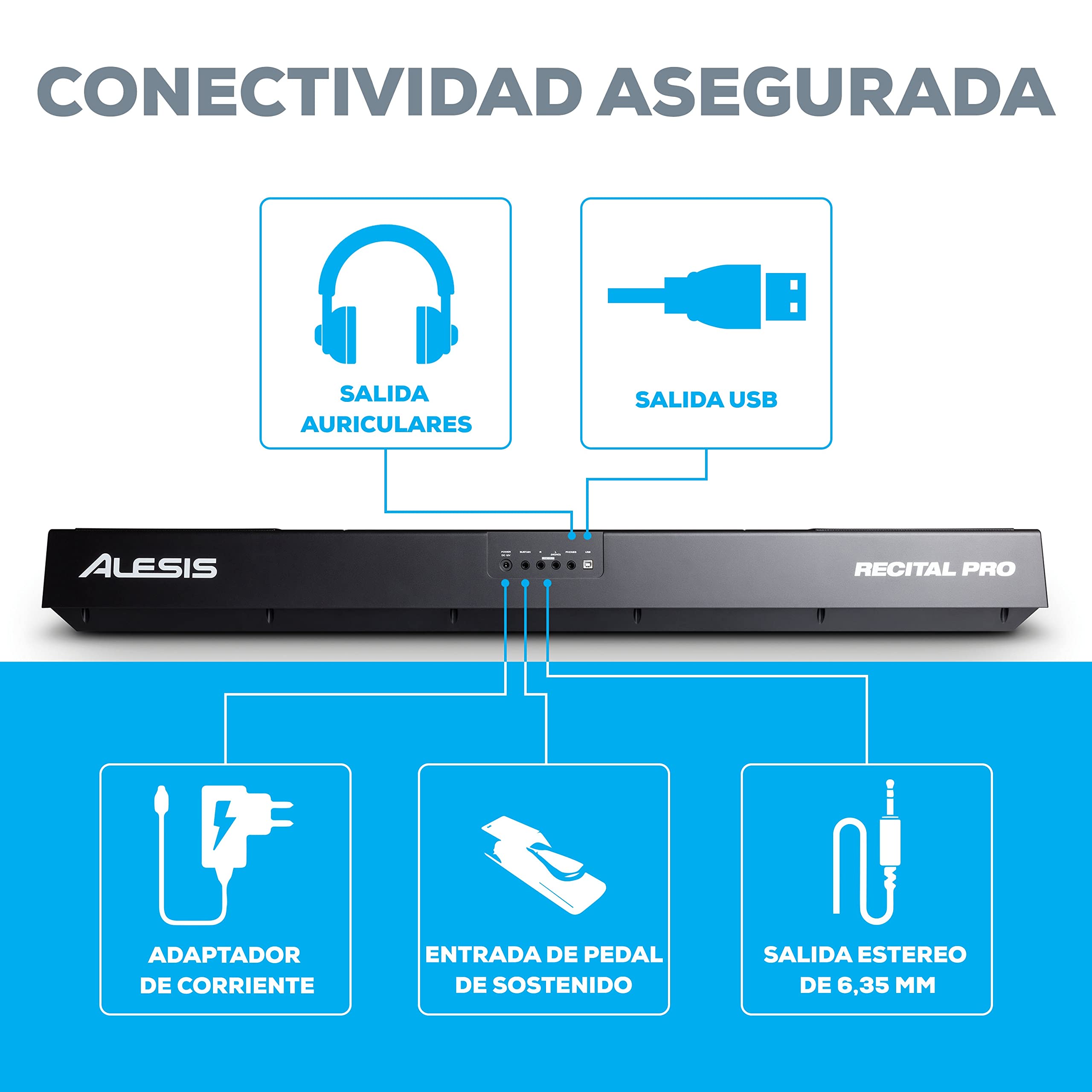 Alesis Recital Pro con pedal de sustain SP-2 y auriculares de estudio HDH40 - Teclado Piano Eléctrico Digital con 88 Teclas de Acción Martillo, pedal de piano y auriculares