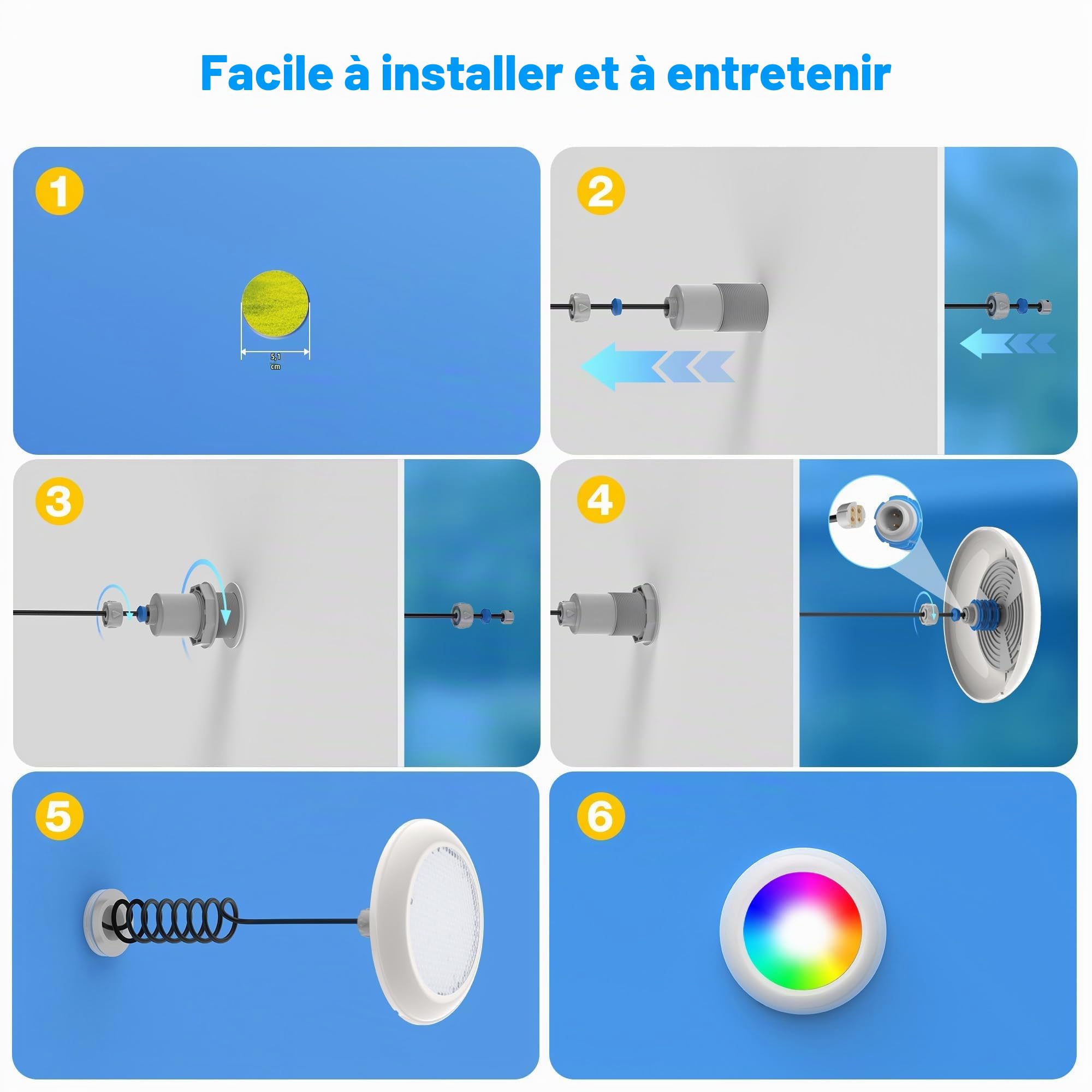 LyLmLe Projecteur Piscine LED Vissable avec Filetage 2", 25W Lampe Piscine RGB Contrôle Sync, Ø242mm, 12V AC Ampoule pour Piscines Préfabriquées Fibre, Hors-Sol Bois Acier, Sans Contrôleur