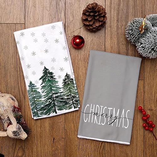 Miniatura 4 de ARKENY AD016 - Juego de 2 paños de cocina para decoración de Navidad, color verde, árbol de Navidad, 18 x 26 pulgadas, diseño de copos de nieve,