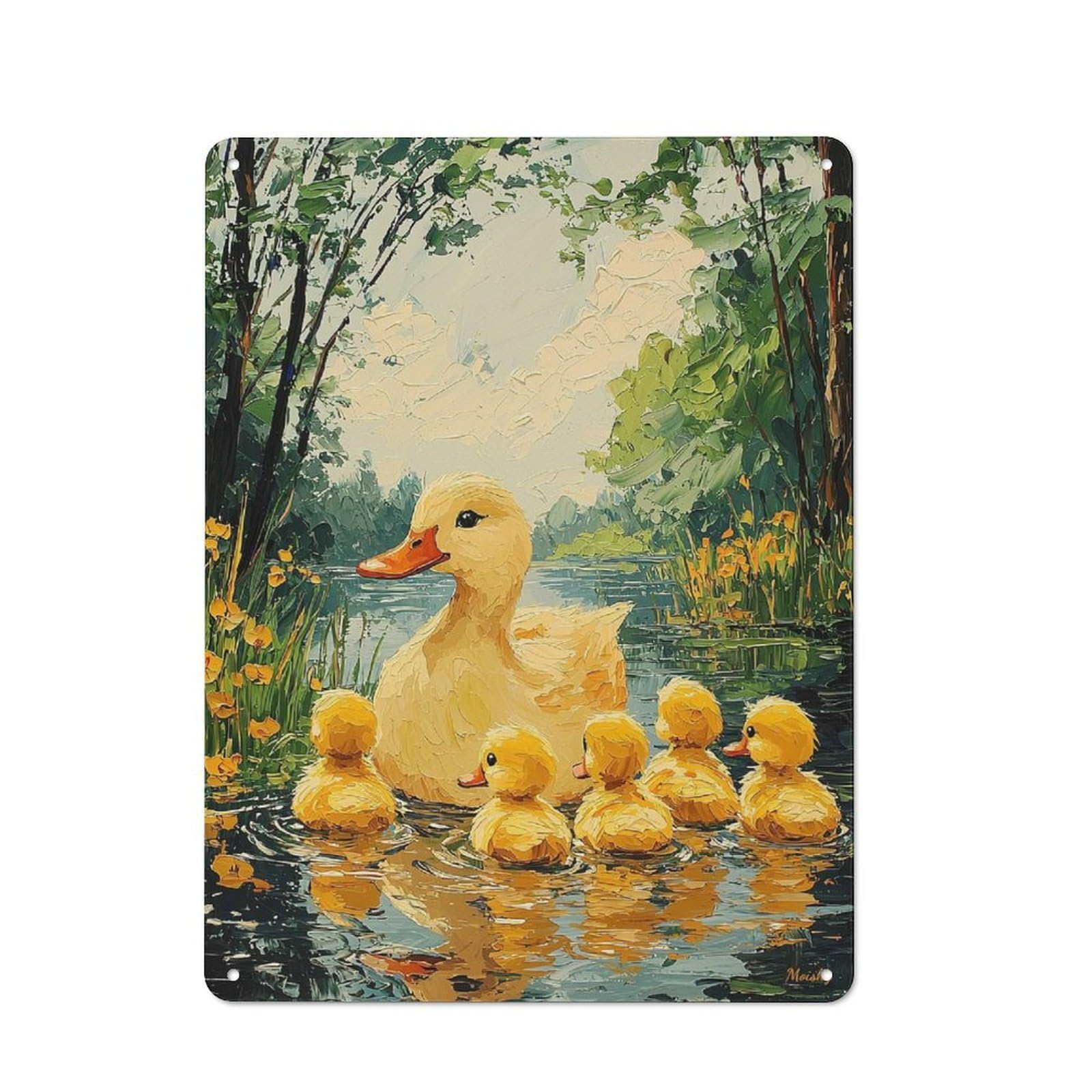 Junmoney Golden Duck Family – Naïf Whimsical Pond Art Decorative Metal Plaque With Design 40X30cm, Warehouse Style Loft Wall Plaque For Flat, Bar, Studio Or Gallery Wall