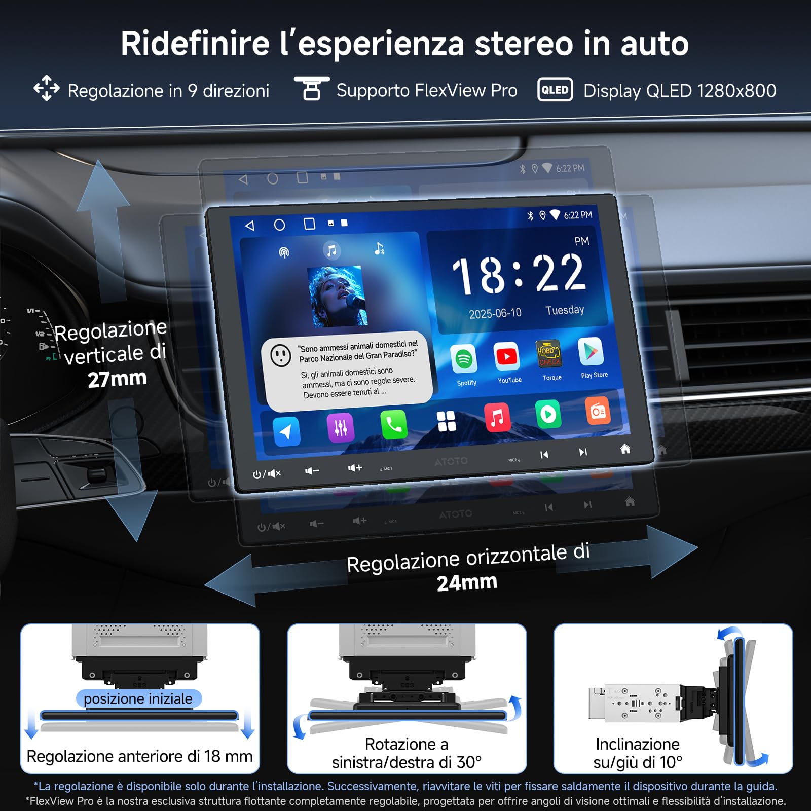 A5L 10.1 Pollici Doppio DIN e Adattivo a Singolo DIN Autoradio Android, CarPlay Senza Fili e Android Auto, Tracciamento GPS, Tethering WiFi/BT/USB,Telecamera di Retromarcia, HD LRV, 2G+32G