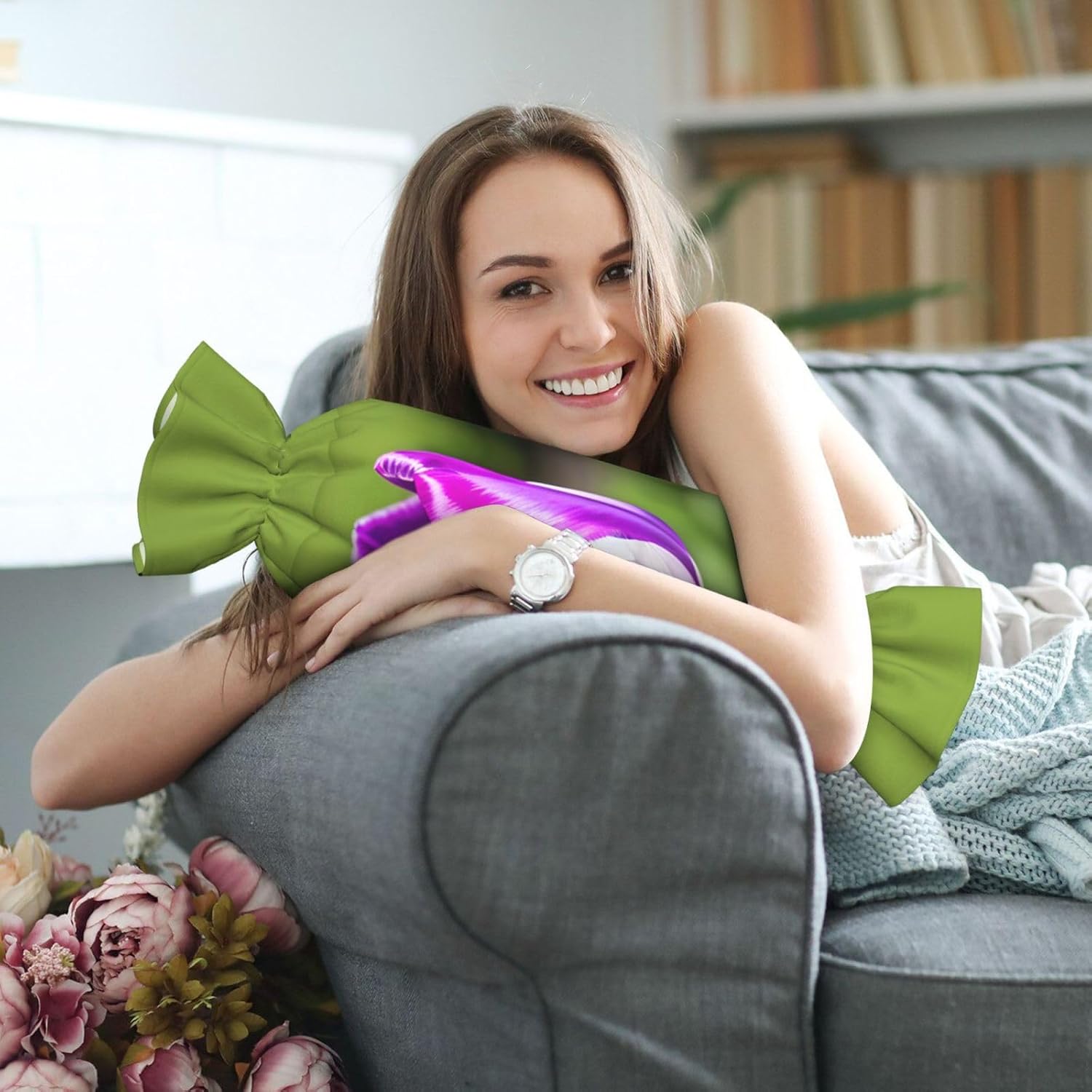 Purple Tulip Print Candy Cylindrical Pillow Round Bolster Pillows Versatile Use Decor Bedroom Travel