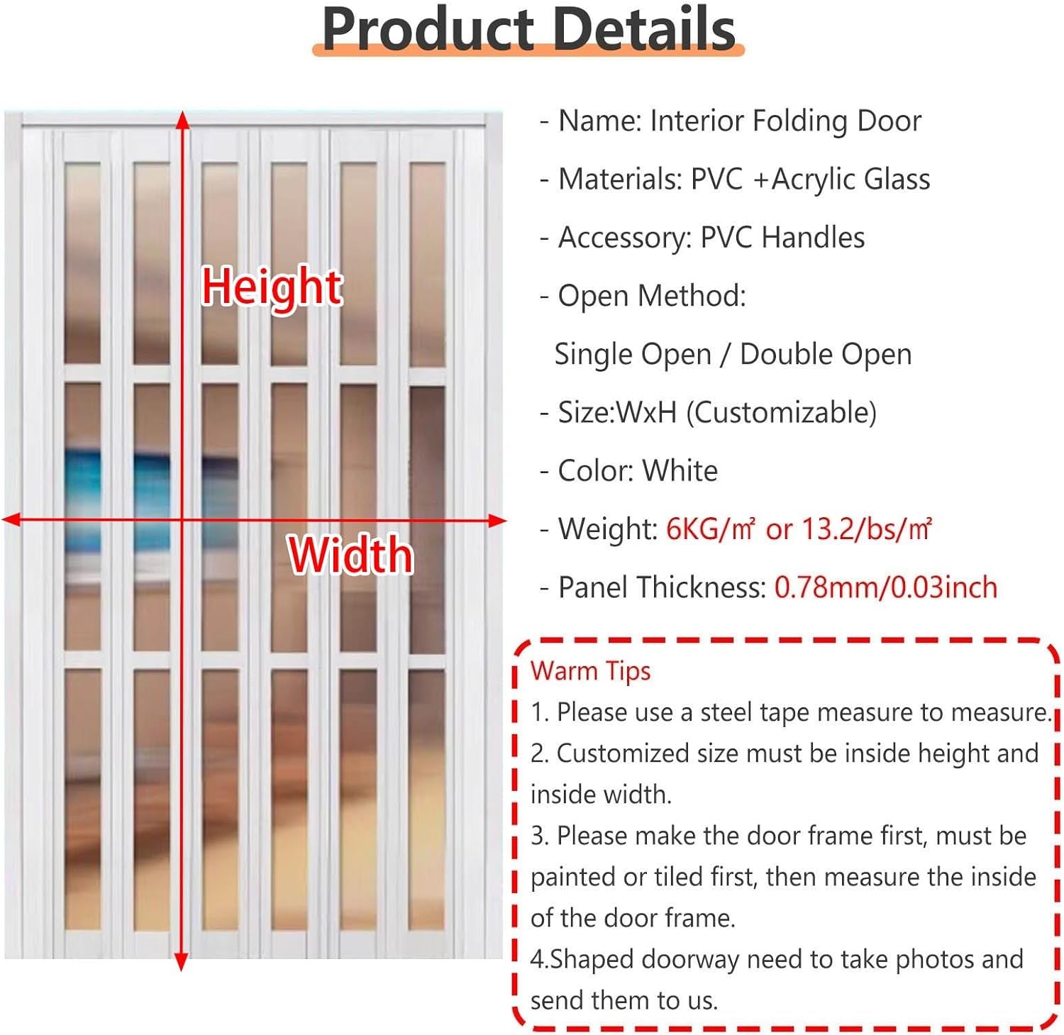 Waterproof Bi-fold PVC Sliding Door, 75-95" High White Room Divider with Handles, Frosted Acrylic Folding Gate Screen for Interior Use (31x80in, 79x203cm)