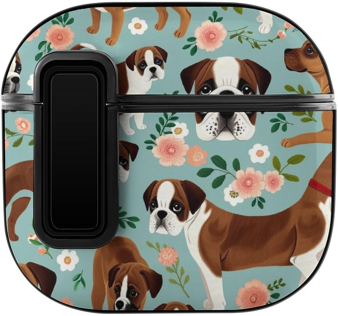 Bluetooth Case Cover PC Hard Shell Scratch Proof Boxer Dog Flowers Florals Mint Green Bluetooth Headsets Protective Cover Compatible with Apple Airpods 4 Front LED Visible