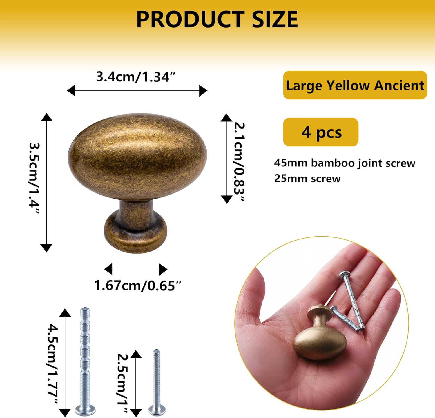4 Pack Antique Brass Cabinet Knobs, Solid Zinc Alloy Oval Drawer Knobs for Dresser Drawers, Vintage Egg Shaped Cabinet Hardware for Kitchen Cabinets, Cupboard, Wardrobe & Bathroom Vanity