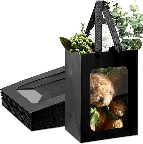 Yexiya 15 bolsas de regalo de papel con ventana transparente, 7 x 5 x 10 pulgadas, bolsas de compras de papel kraft para bodas, cumpleaños, Color