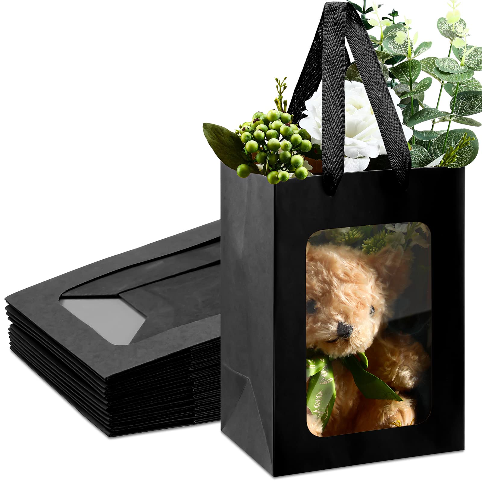 Yexiya 15 Pcs Paper Gift Bags with Transparent Window, 7 x 5 x 10 Inch, Kraft Shopping Bags for Wedding, Birthday, Festivals, Party Present Wrapping(