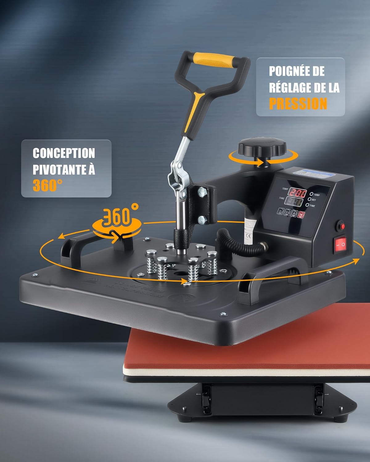 Heat press machine showing 360 degree rotation feature