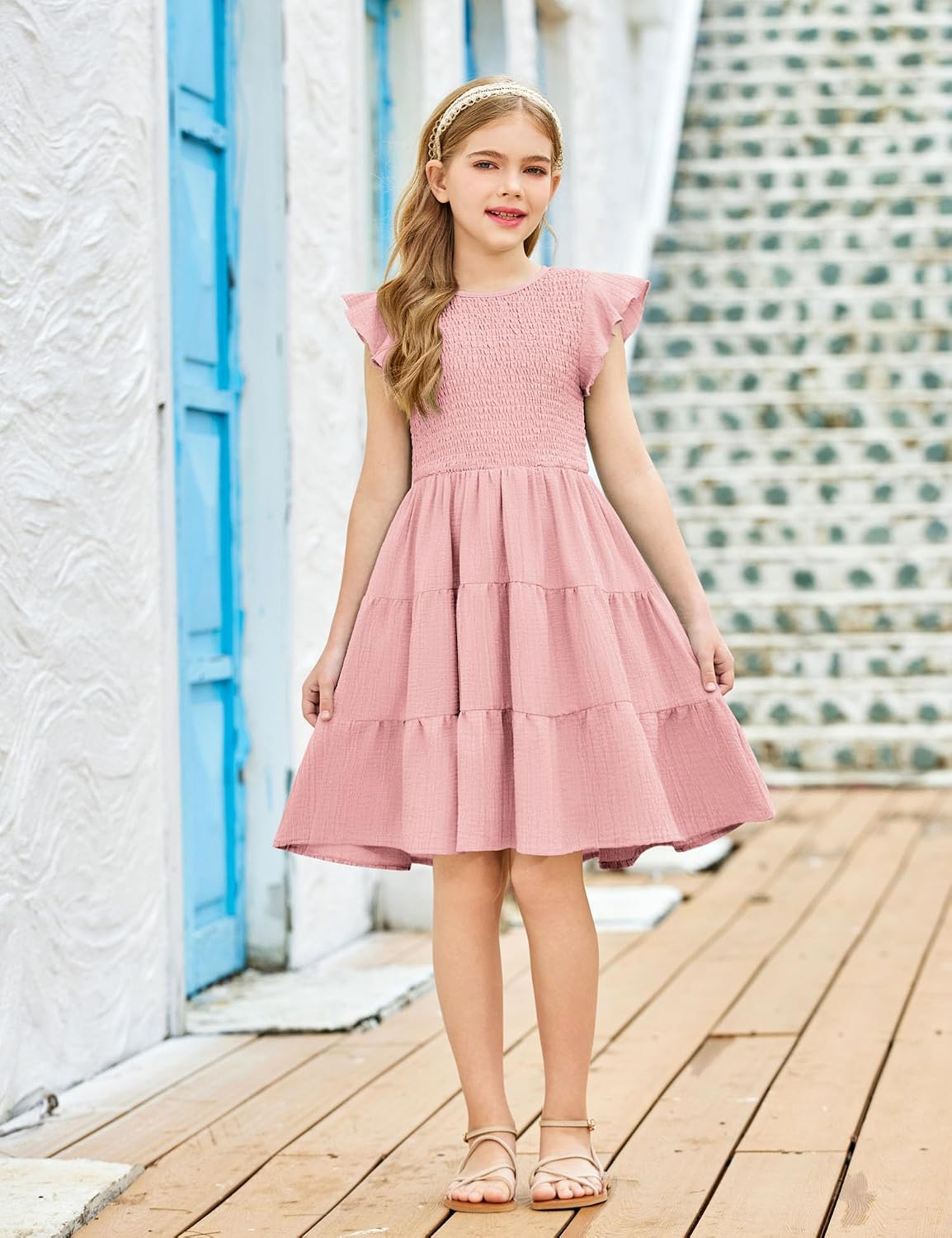 Arshiner Girls Flutter Sleeve Smocked Tiered Midi Sundress with Pockets image 4