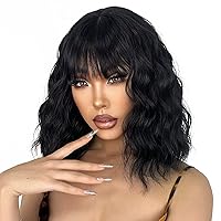 Vista 16 de Peluca marrón con flequillo para mujeres, peluca corta natural ondulada marrón claro para mujeres, peluca sintética marrón rizada bob para uso diario